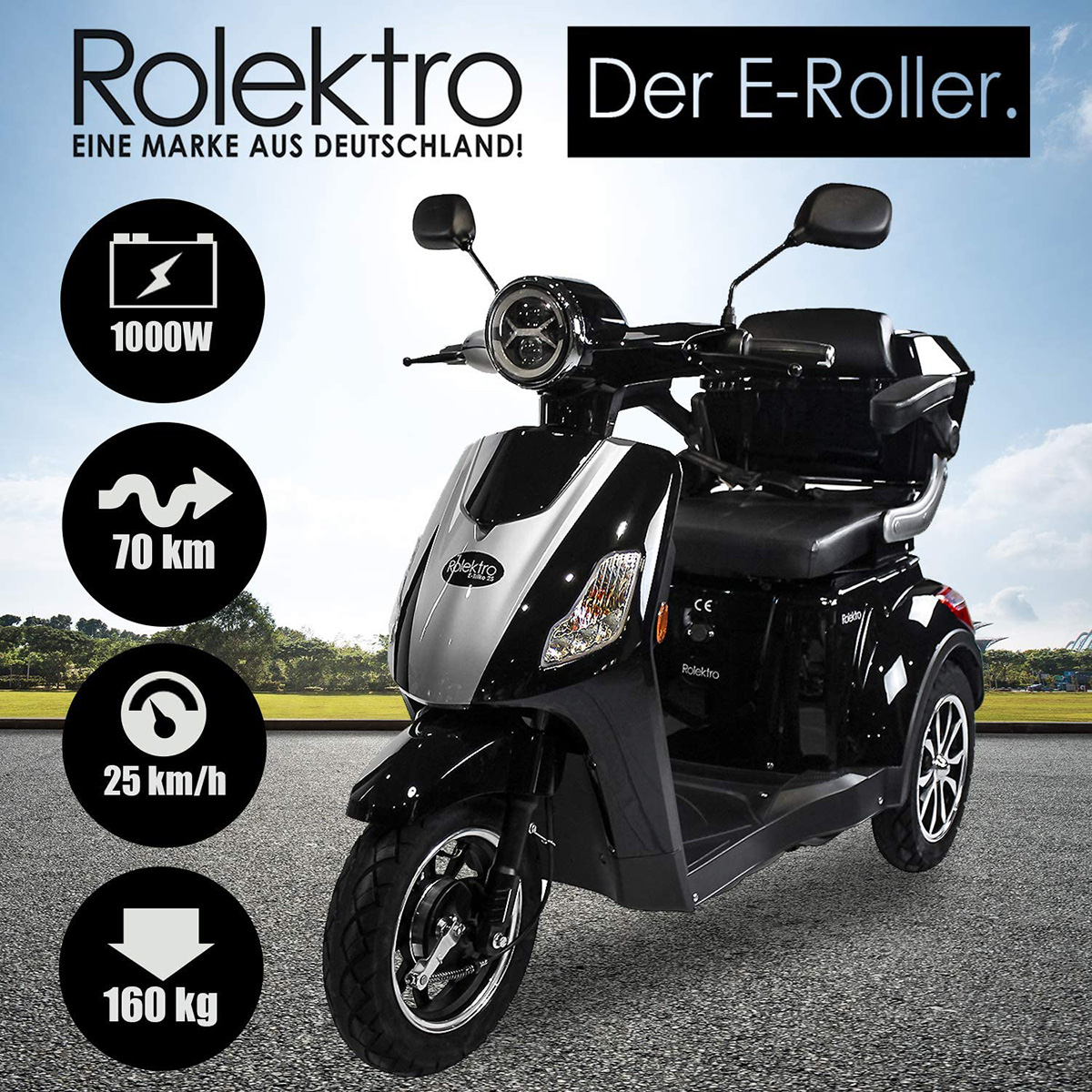 E-Scooter Schwarz) (Laufradgröße: Lithium 25 E-Trike Unisex-Rad, Seniorenmobil 15,7 V.3 Zoll, ROLEKTRO