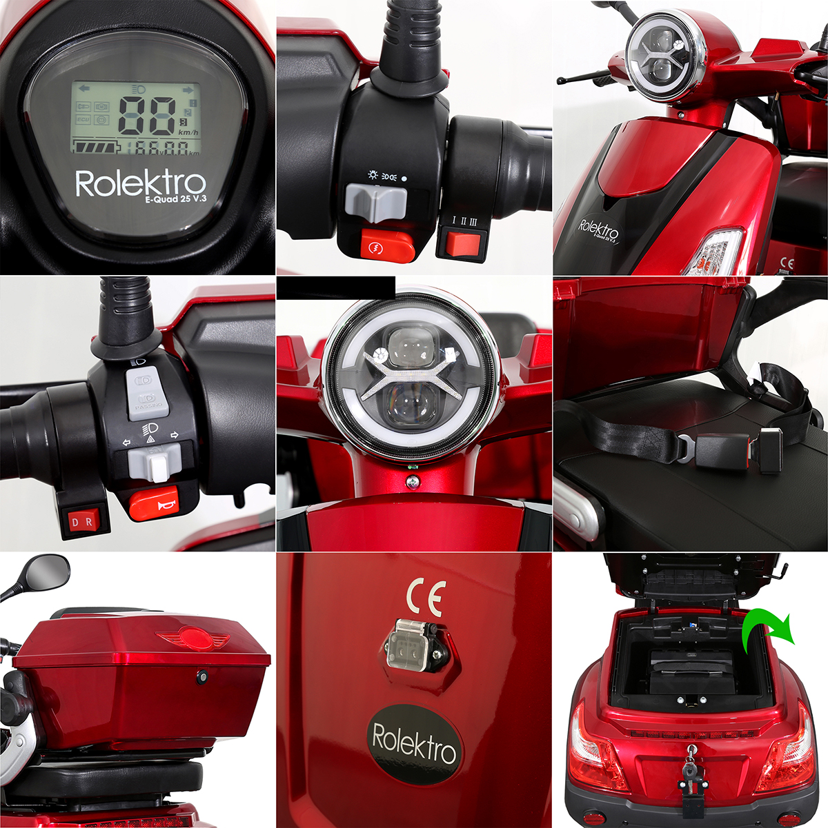 Collage eines roten Rollers mit Details wie Armaturenbrett, Bedienelementen und Heckstauraum.