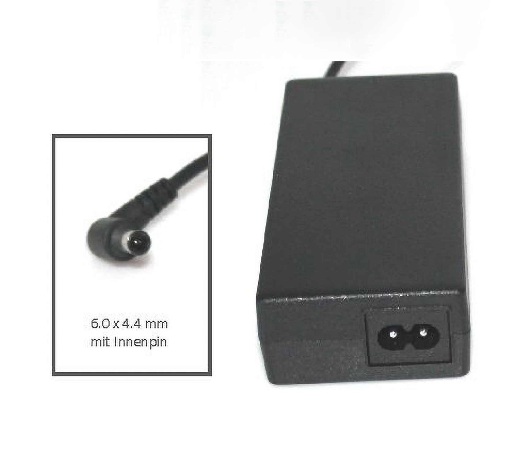Schwarzes Laptop-Ladegerät mit Stecker. Text: '6,0 x 4,4 mm mit Innenpin'.