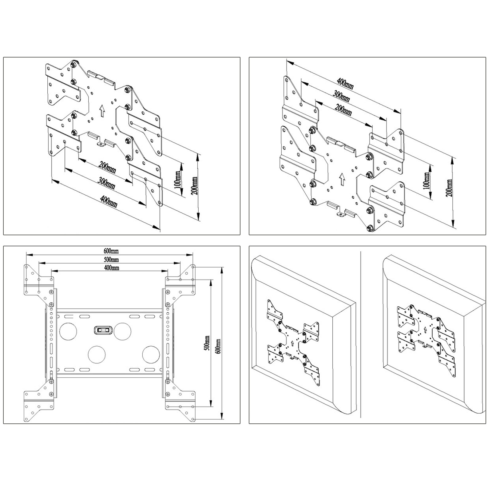 Diagramme von TV-Wandhalterungen, die Abmessungen und verschiedene Montagekonfigurationen zeigen.