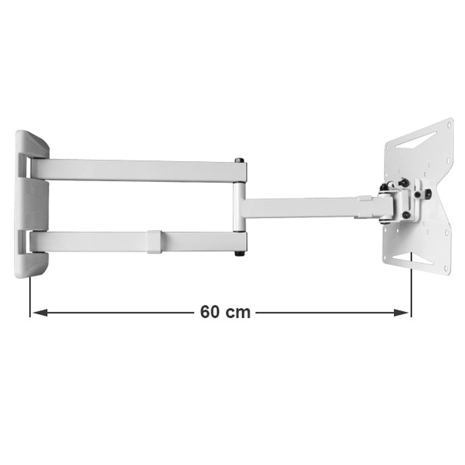 Weiße TV-Halterung mit 60 cm Messung. Die Halterung ist für Fernseher.