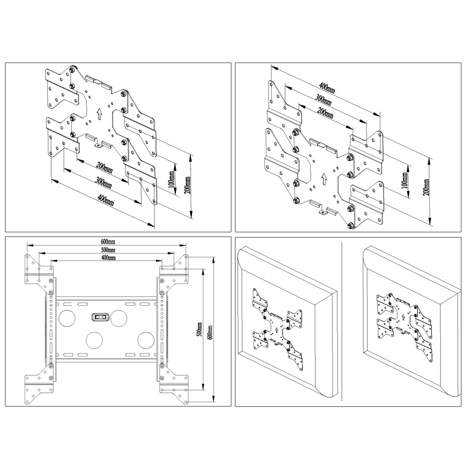 Diagramme einer TV-Wandhalterung mit Abmessungen. Enthält Ansichten der Halterung und der Wandmontage.