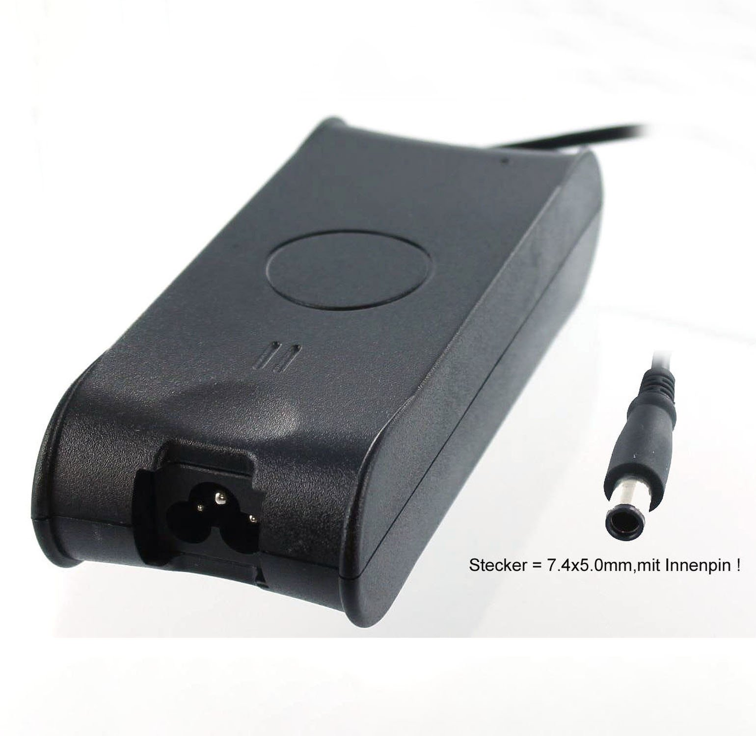 Schwarzes Laptop-Ladegerät mit Dreifach-Steckdose und 7,4x5,0mm Stecker.