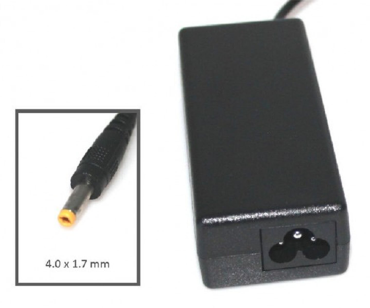 Schwarzes Netzteil mit 4,0 x 1,7 mm Stecker, neben einer kleinen Illustration gezeigt.