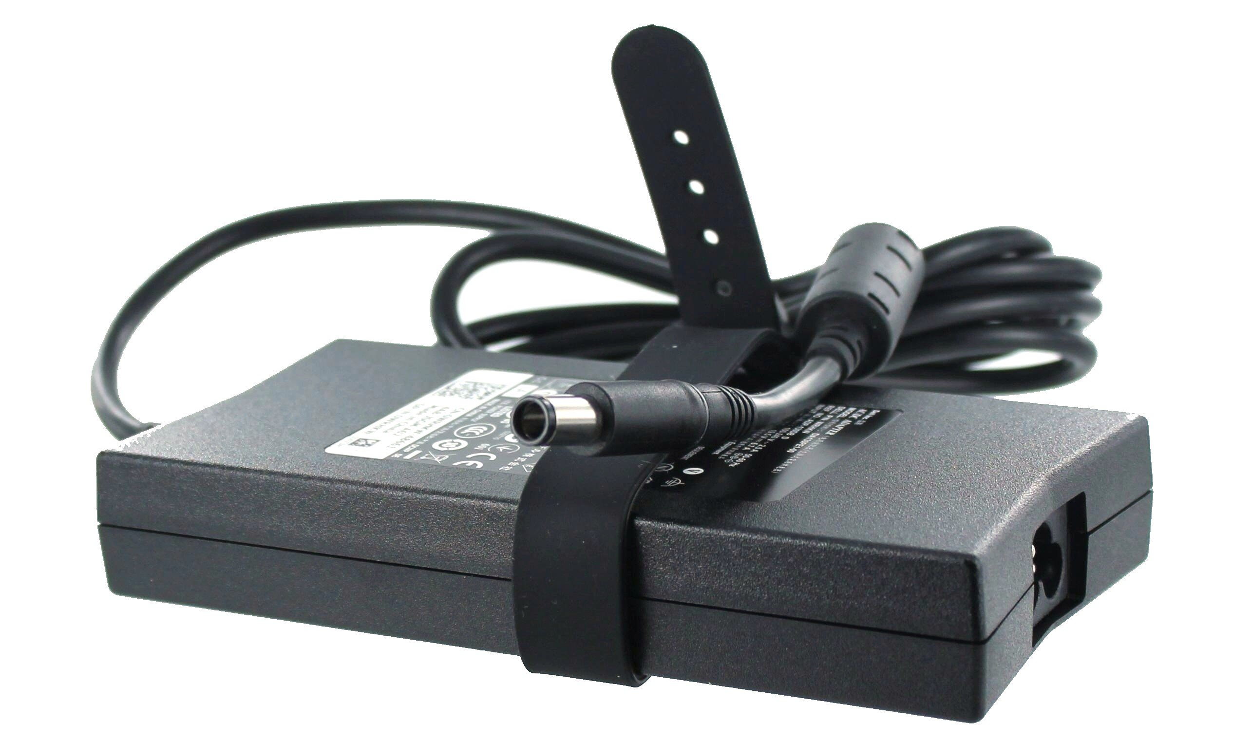 Schwarzer Netzadapter mit angeschlossenem schwarzen Kabel. Es hat einen runden Anschluss und ein Etikett.