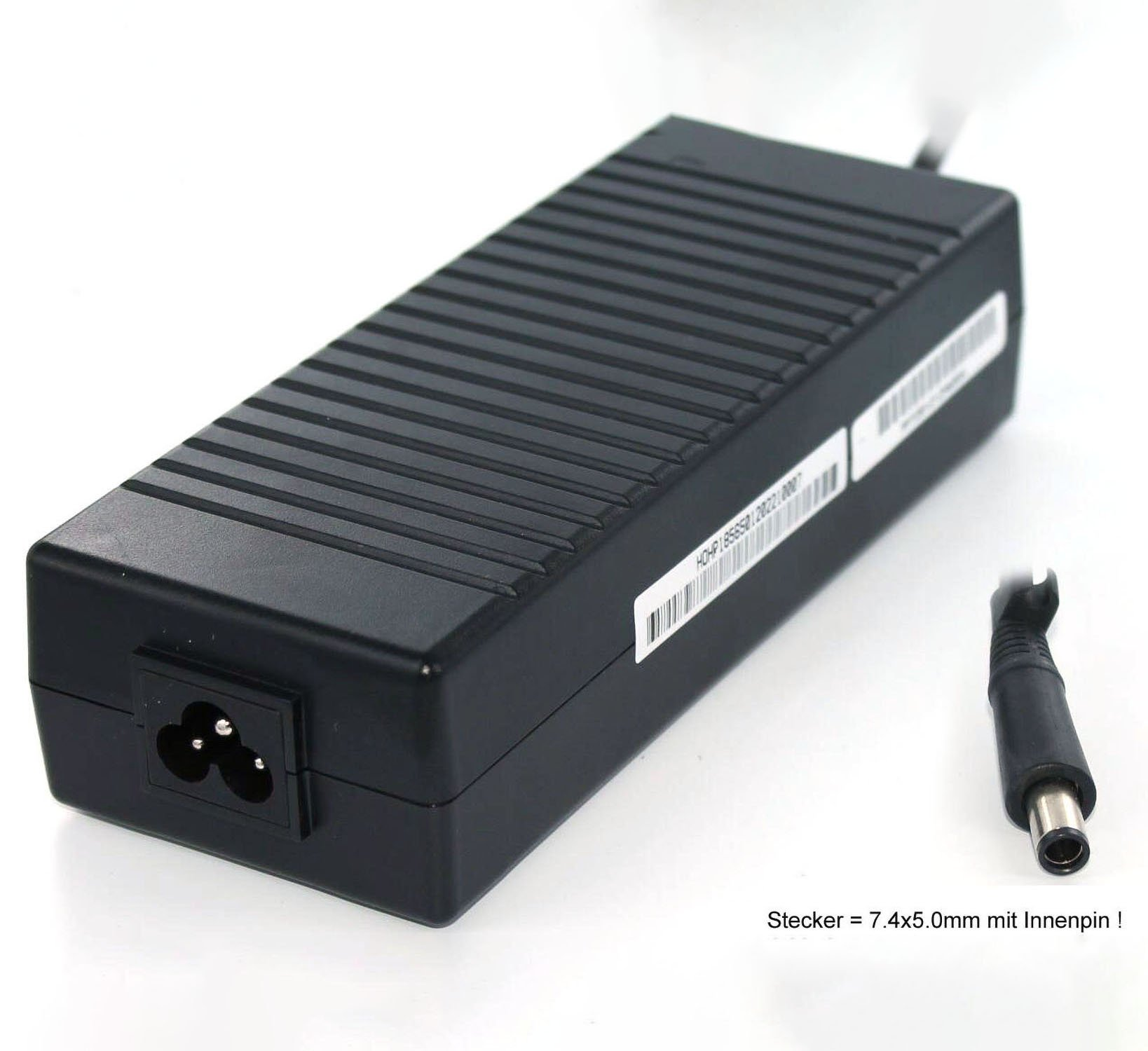 Schwarzes Laptop-Ladegerät mit Netzanschluss und Ladekabel auf weißer Oberfläche. Text: Stecker = 7.4x5.0mm mit Innenpin!