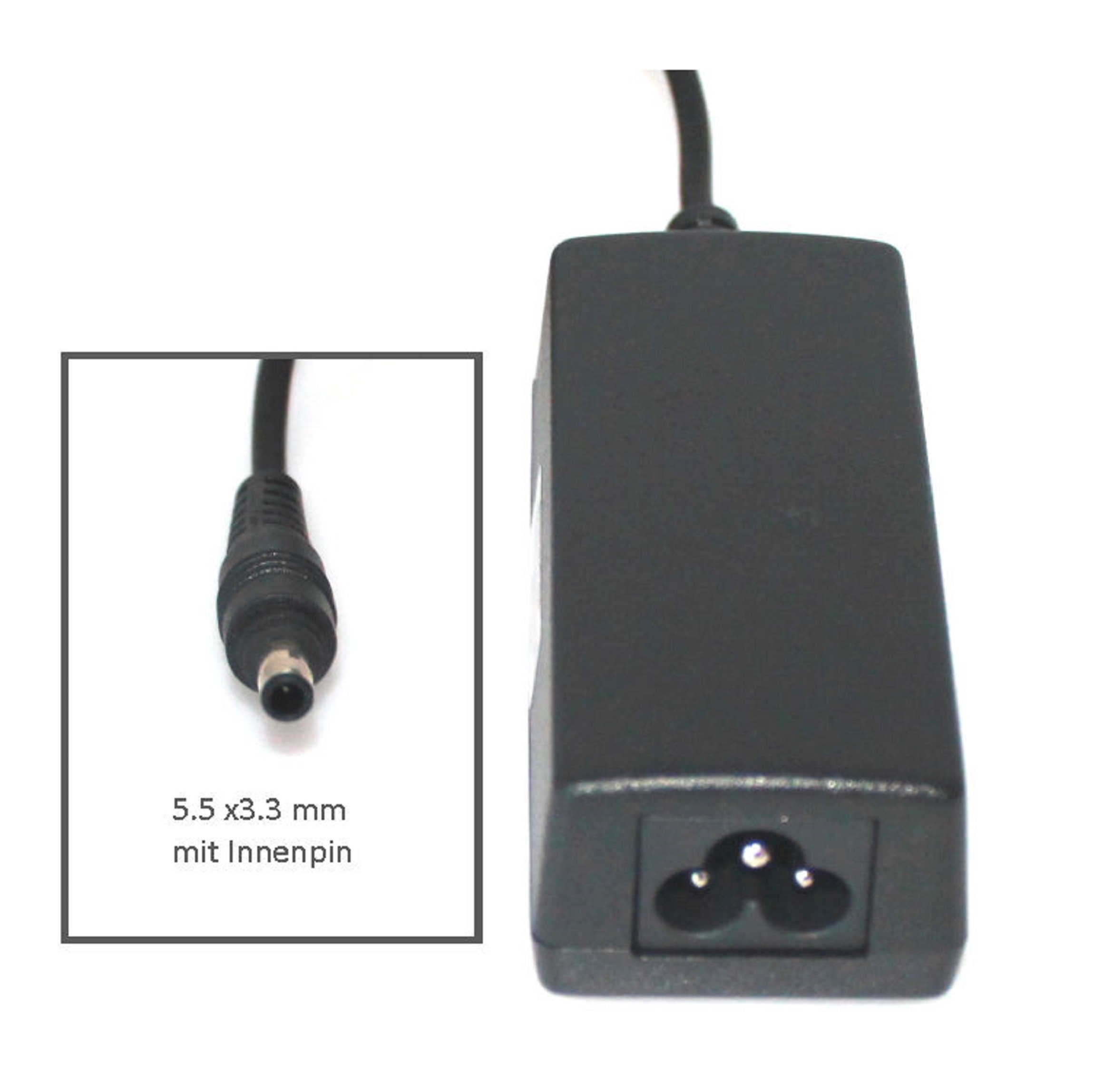 Schwarzes Laptop-Netzteil mit Stecker und Nahaufnahme des Steckers auf weißem Hintergrund.