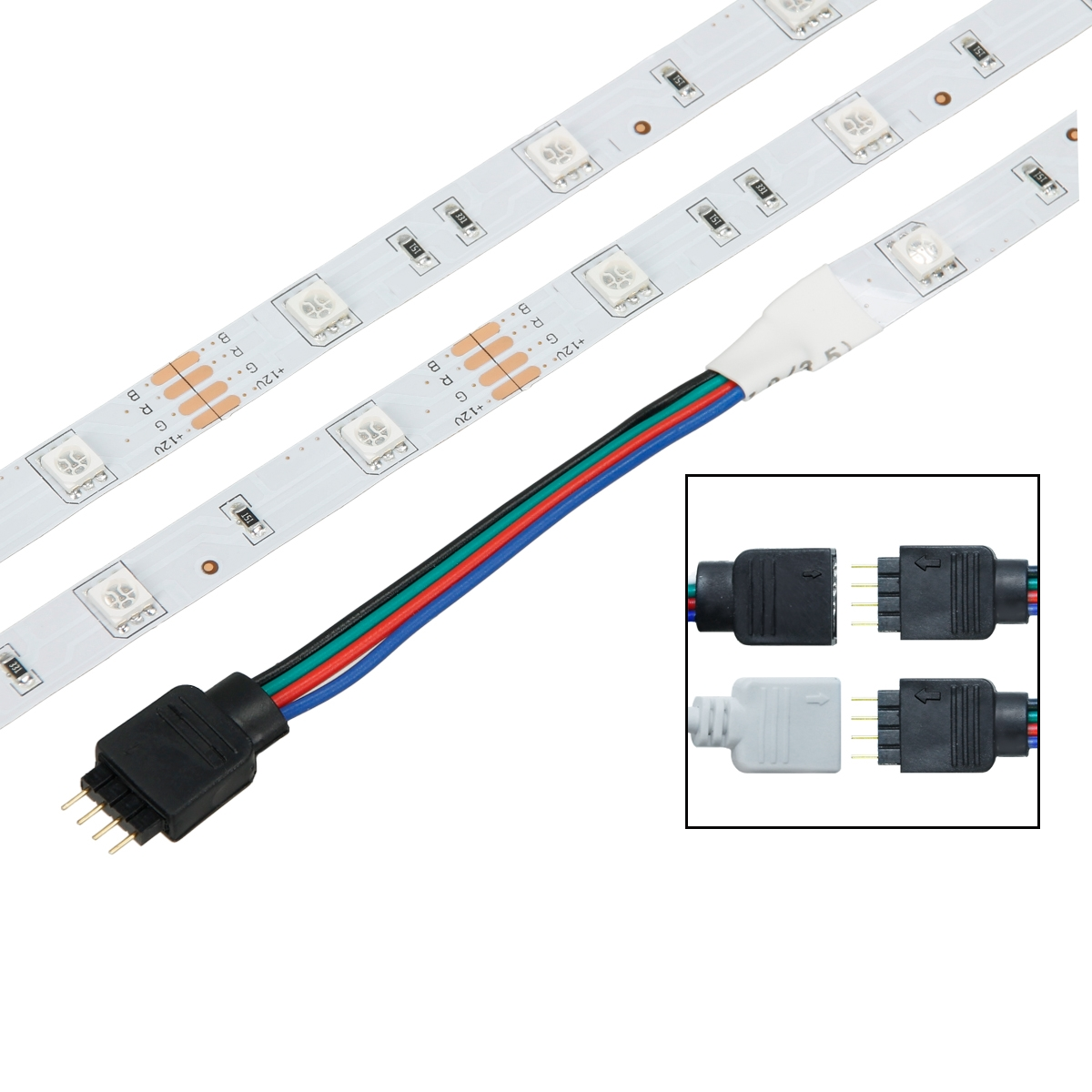 LED-Streifen mit Steckern. Mehrere LED-Leuchten auf einem flexiblen Streifen.