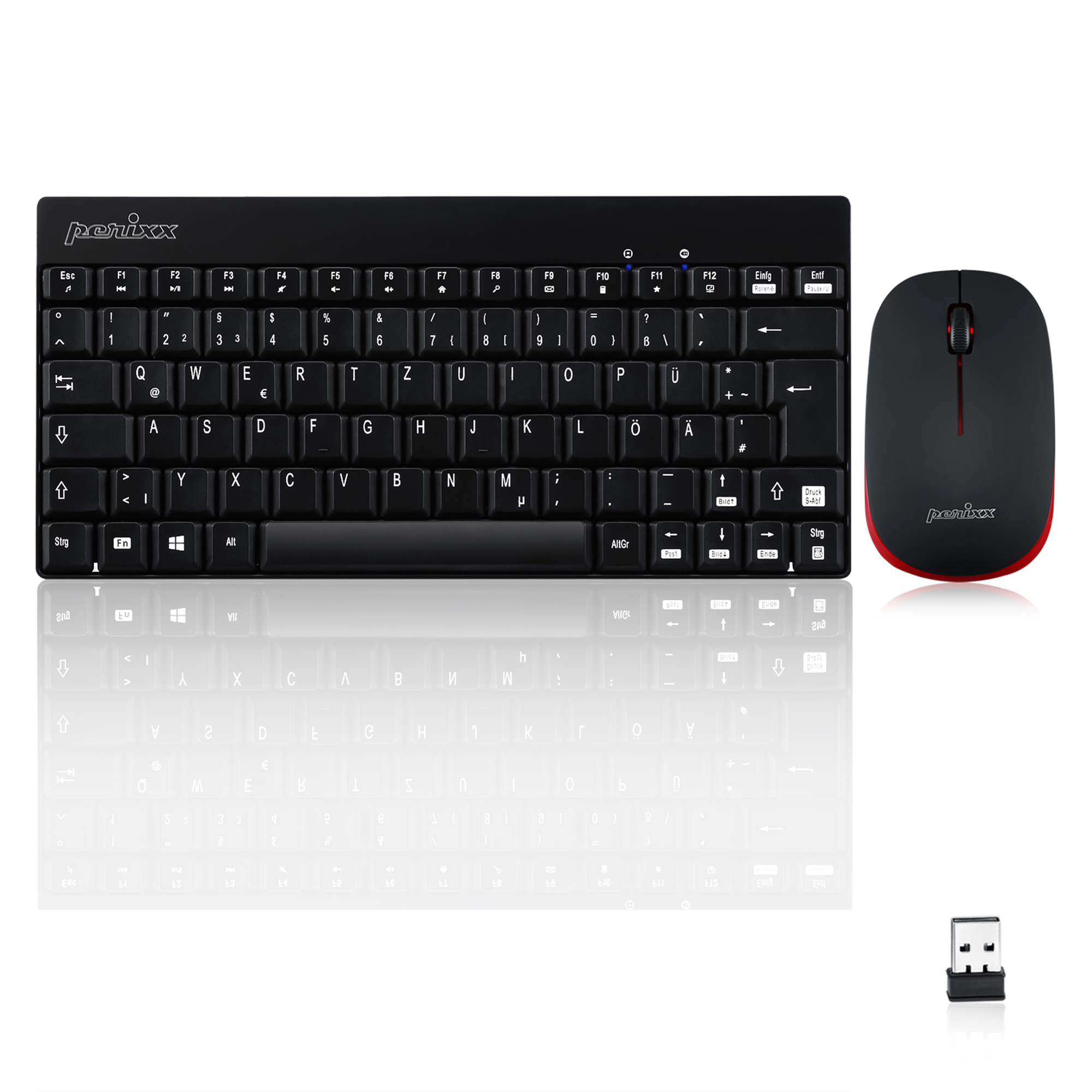 Schwarzes Tastatur- und Maus-Set. Tastatur mit Tasten, Maus mit roten Akzenten und USB-Empfänger. Weiß.