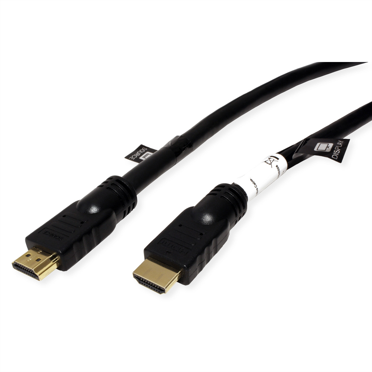 Twee zwarte HDMI-kabels met connectoren met de labels 'SOURCE' en 'DISPLAY' op een witte achtergrond.