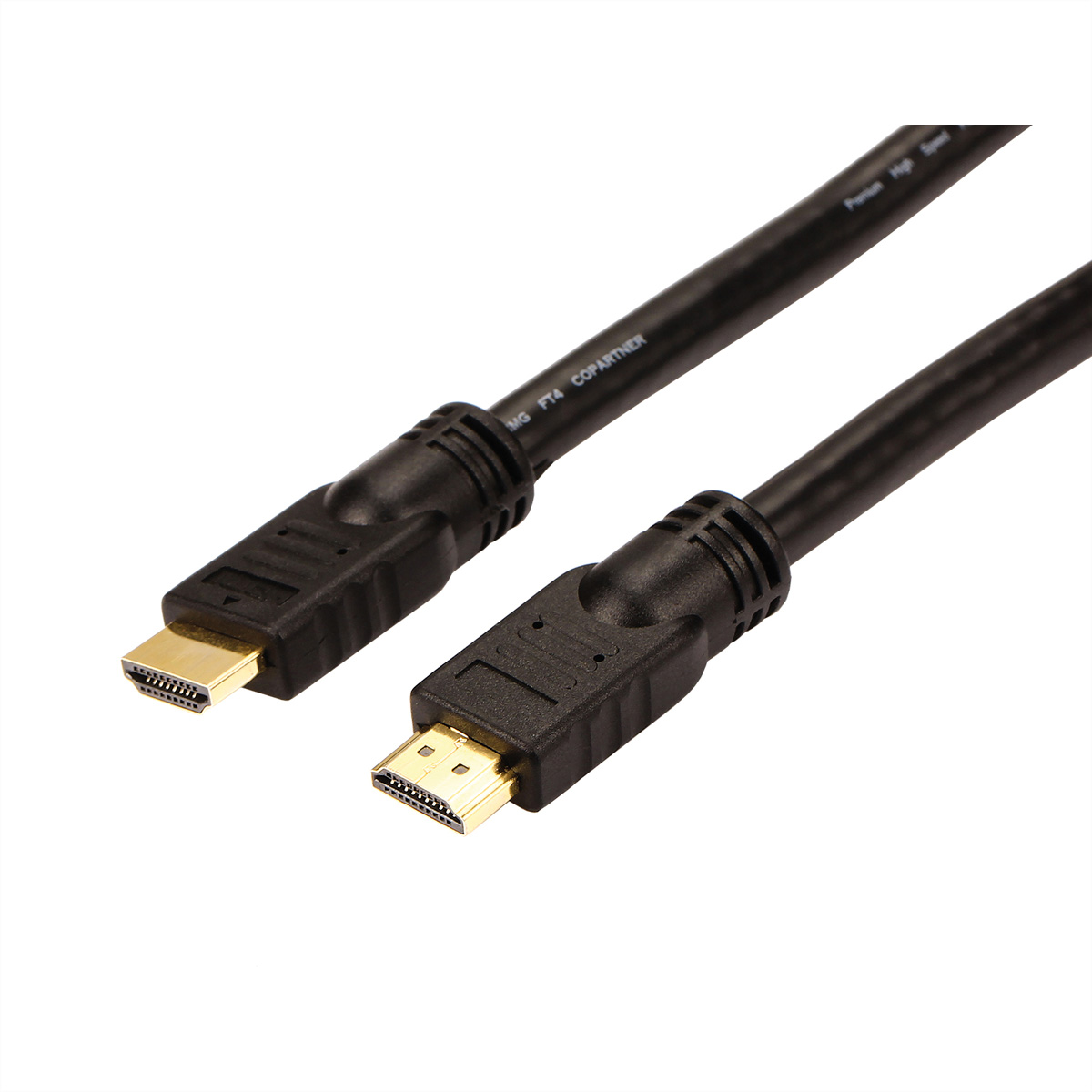 Twee zwarte HDMI-kabels met gouden connectoren, close-up op een witte achtergrond.