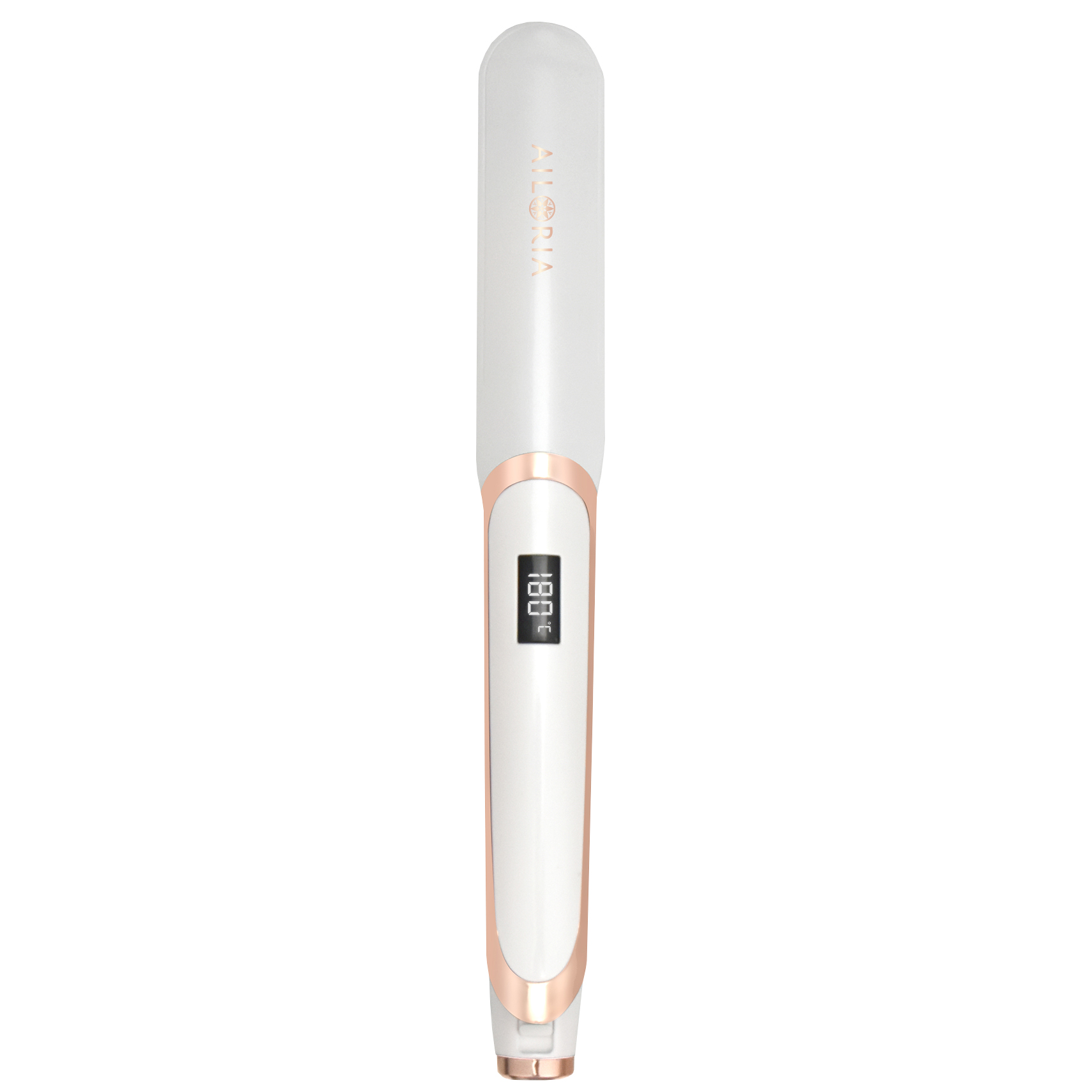 Plancha de pelo blanca con detalles en oro rosa. La pantalla digital muestra la temperatura. Vista en ángulo, fondo blanco.