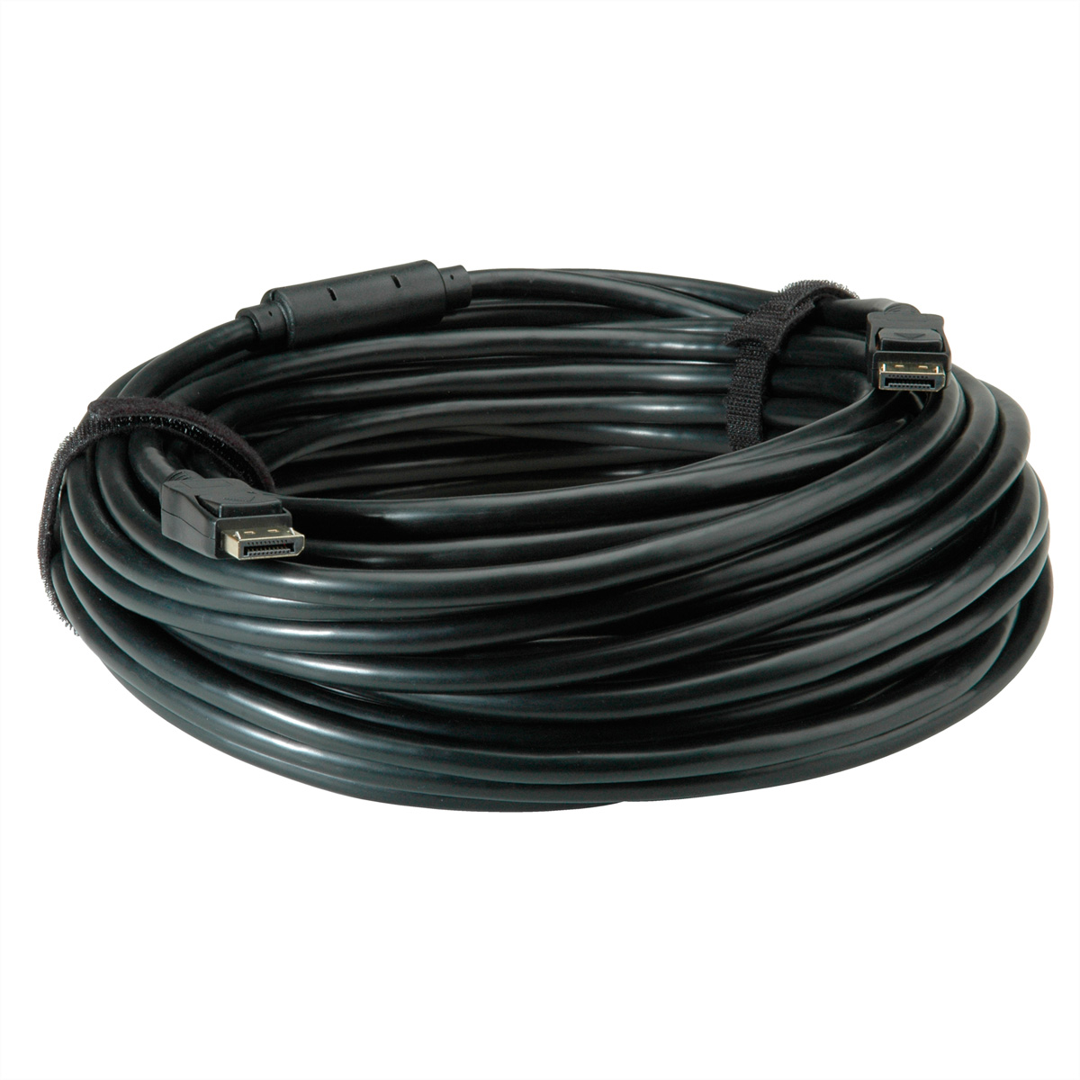 Un câble HDMI noir est enroulé et fixé avec une sangle noire.