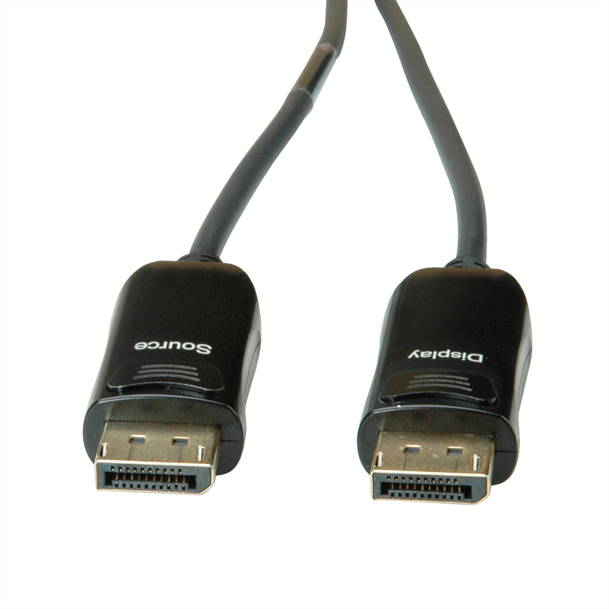 Câble DisplayPort noir avec des connecteurs aux deux extrémités. Le câble est noir.