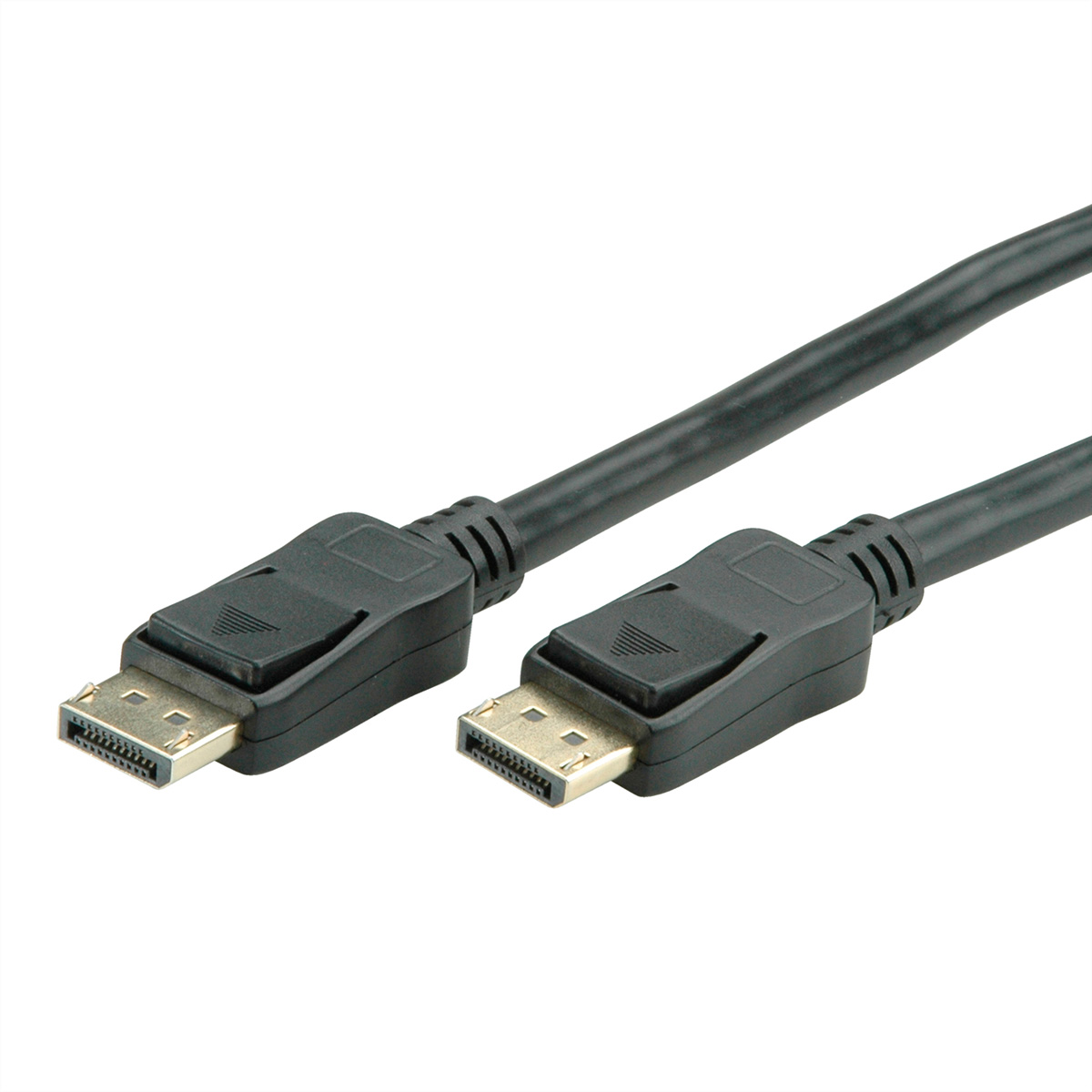 Deux câbles DisplayPort noirs côte à côte, connecteurs à chaque extrémité. Fond blanc.