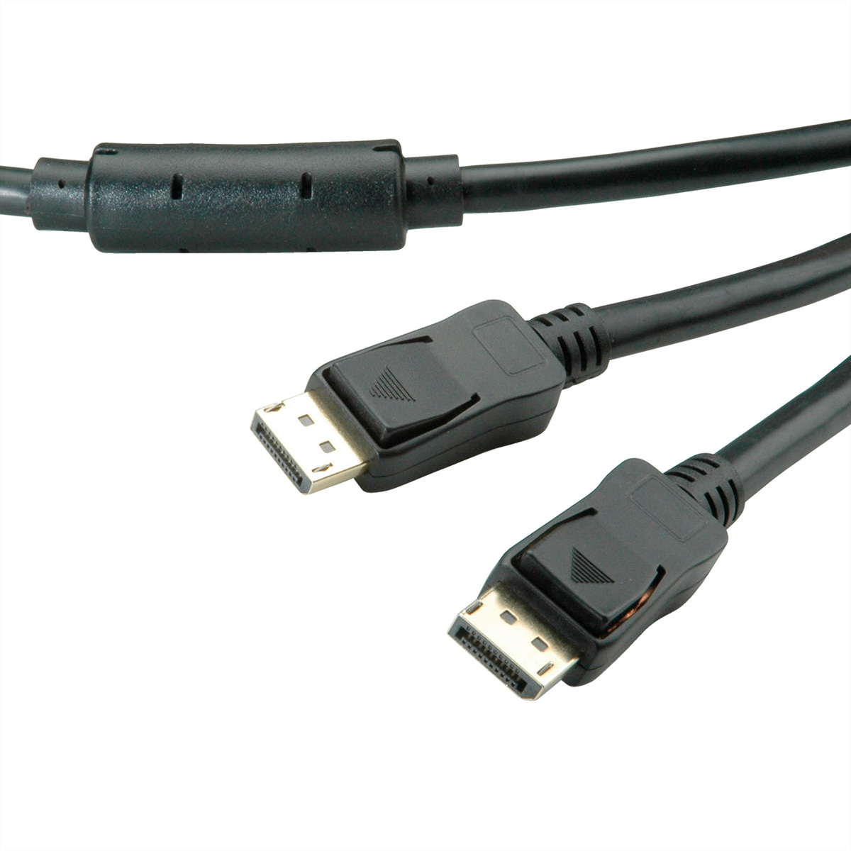 Deux câbles DisplayPort noirs avec des connecteurs sur fond blanc.