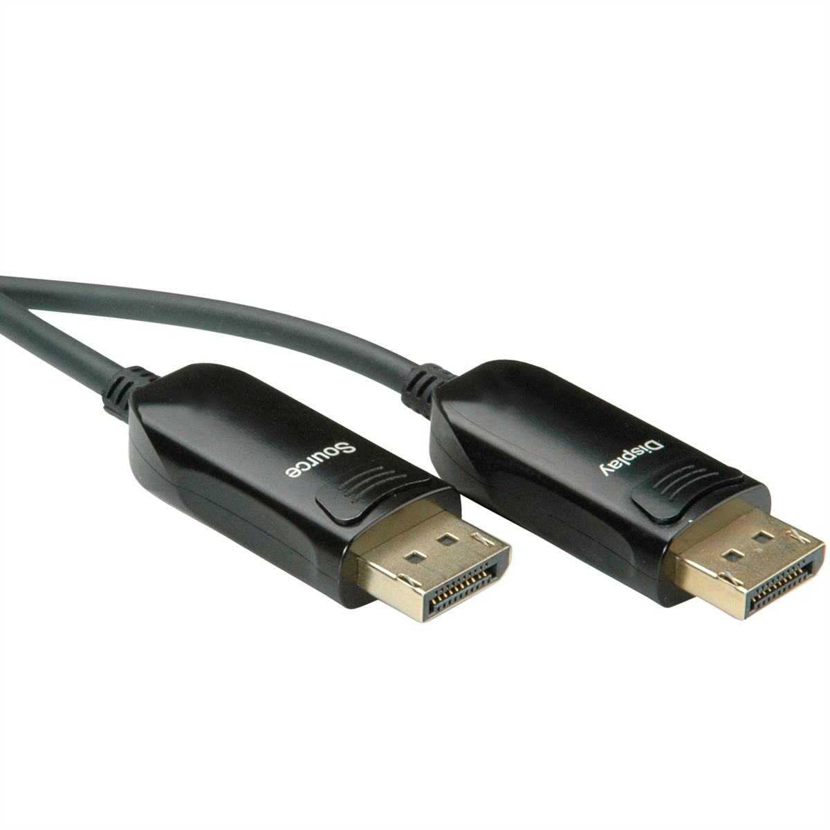 Câble DisplayPort noir avec étiquettes Source et Affichage.
