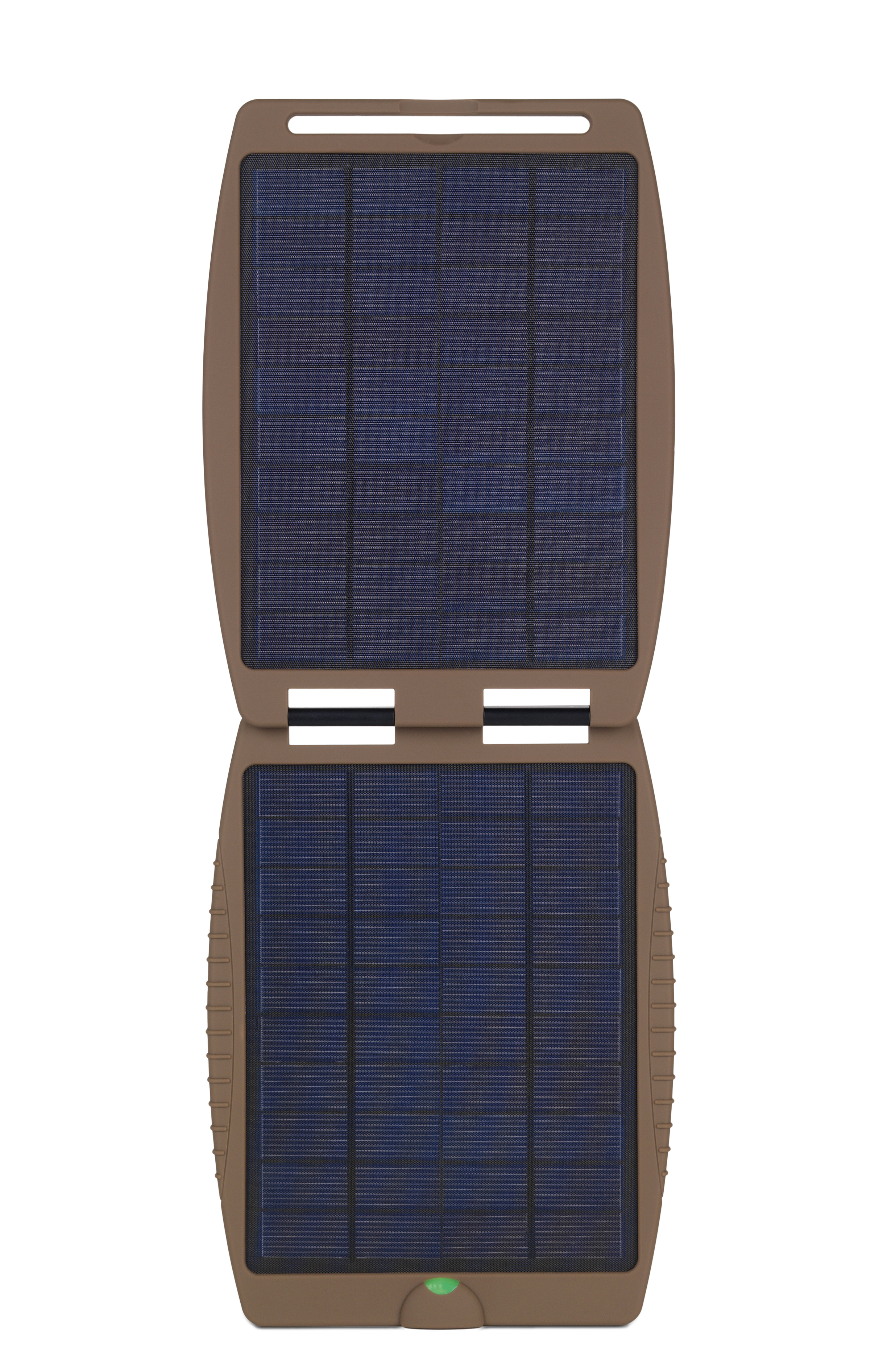 Faltbares Solarpanel, offen. Zwei Paneele mit blauen Zellen, brauner Rahmen, mit grüner Anzeige.