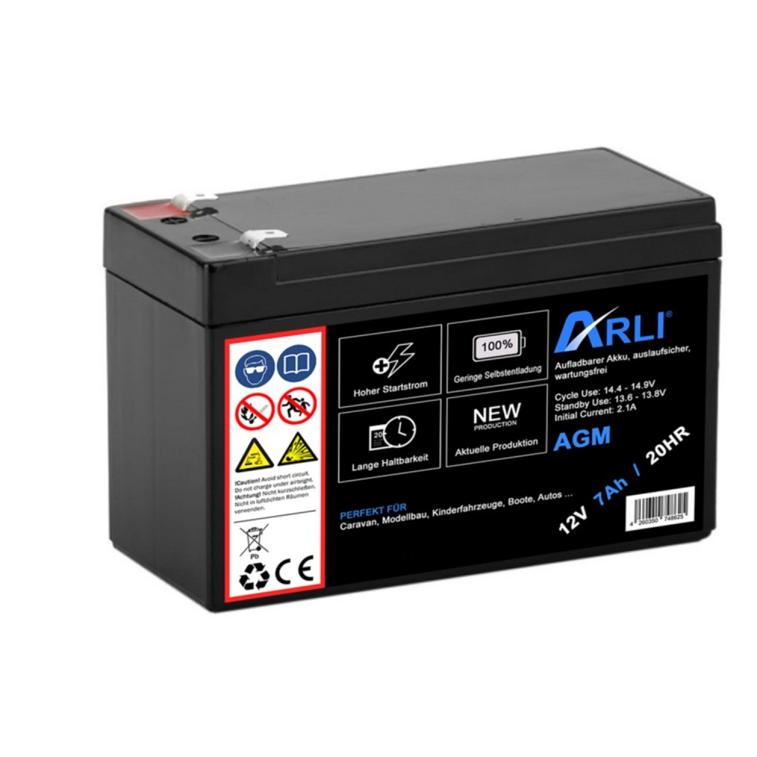Schwarze Batterie mit Etiketten und Text. Eine schwarze Batterie mit weißen und roten Etiketten. Auf weißem Hintergrund.