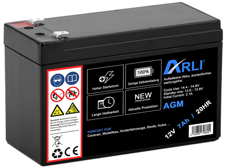 ARLI AGM Blei Akku 12V 7Ah 20HR AGM Glasfaservlies Batterie, 12 Volt, 7000 mAh