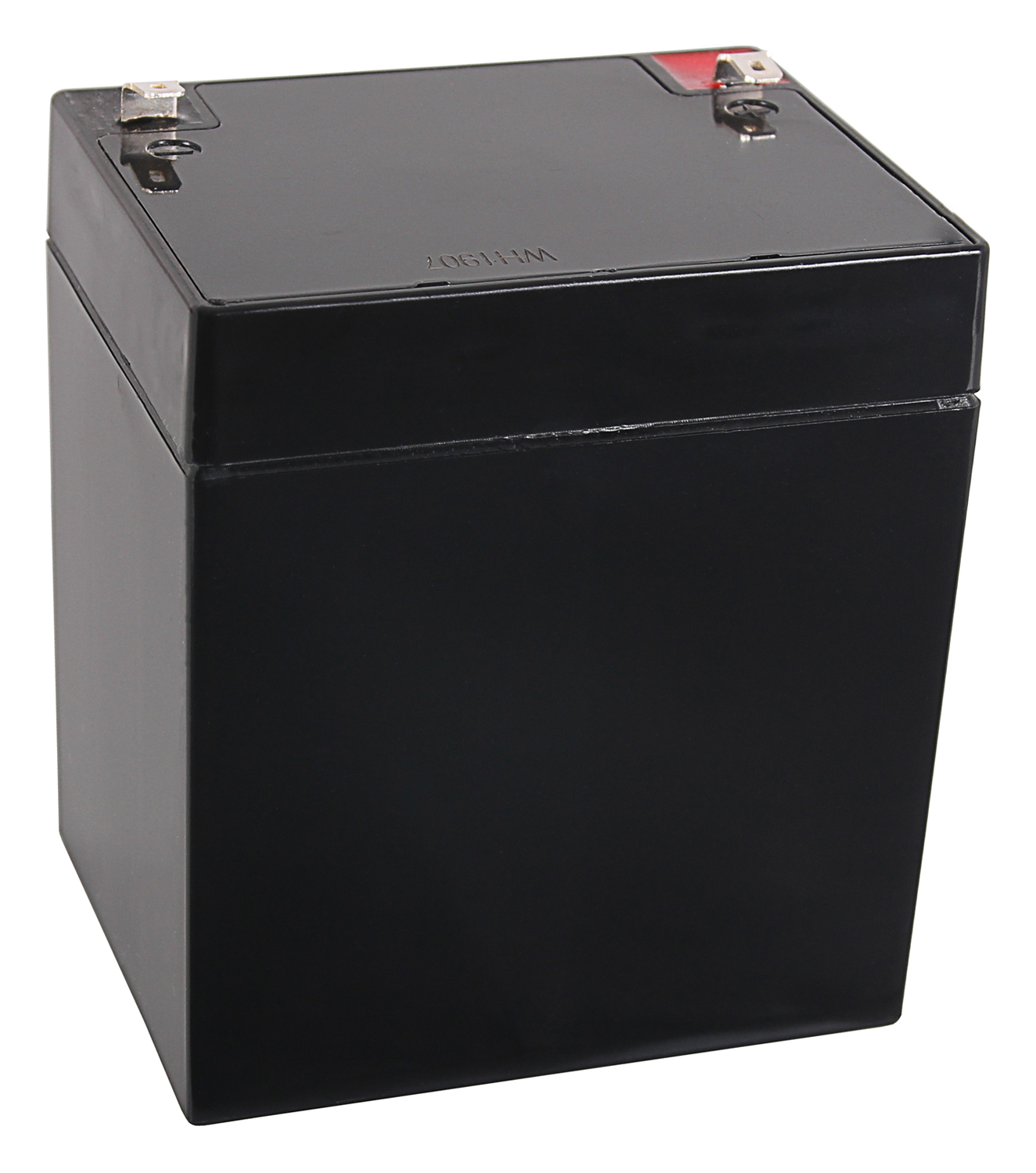 Schwarze rechteckige Batterie. Sie hat zwei Anschlüsse oben.