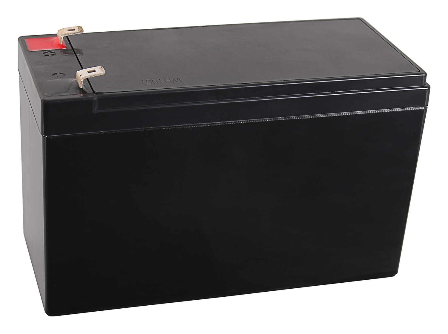 Schwarze rechteckige Batterie mit roter Pluspolmarkierung.