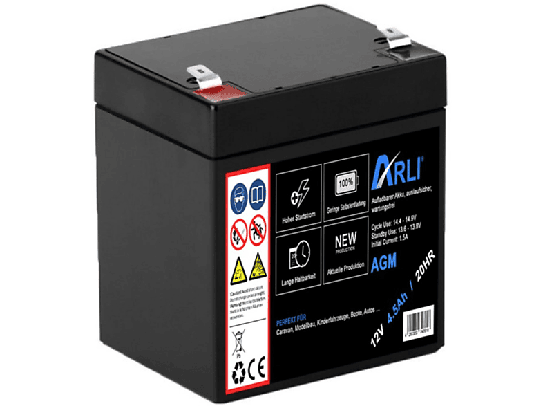 ARLI AGM Blei Akku 12V 12 mAh 20HR Batterie, Volt, 4,5Ah 4500 Glasfaservlies AGM