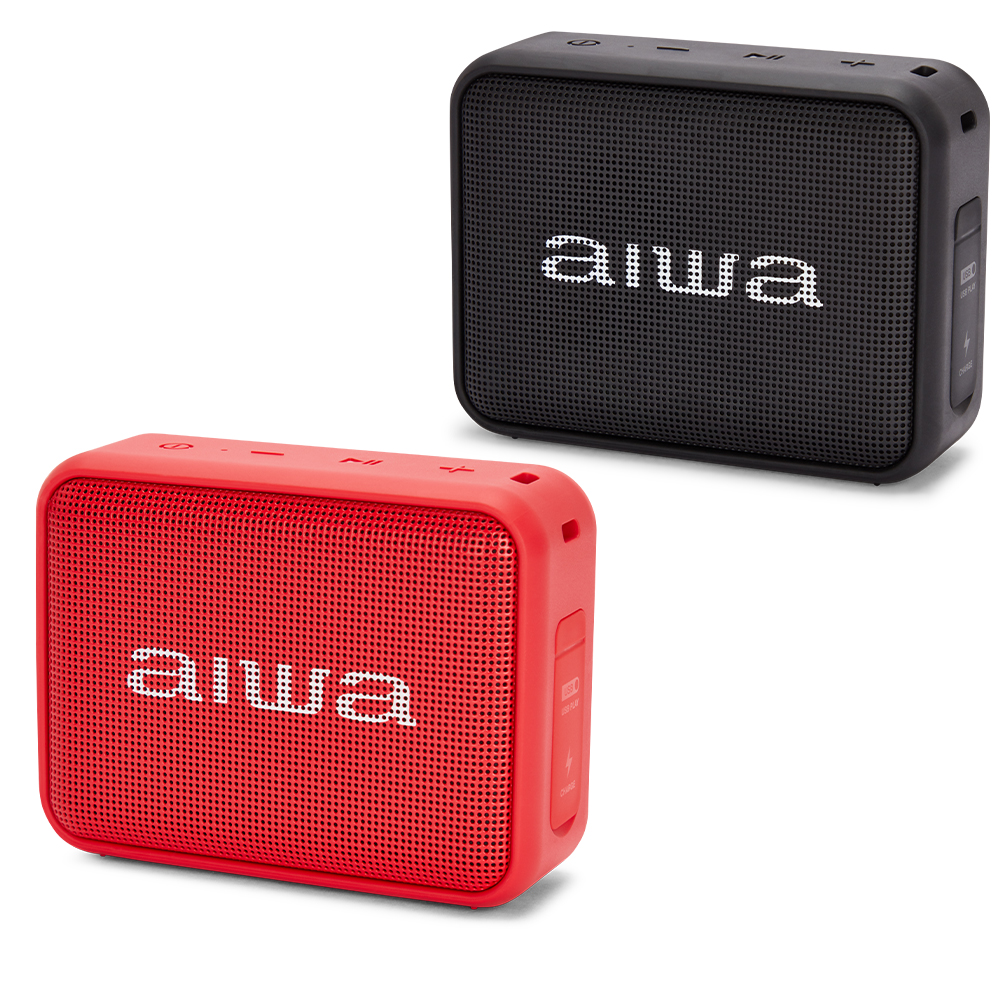 Dwa głośniki aiwa, jeden czerwony i jeden czarny, na białej powierzchni.