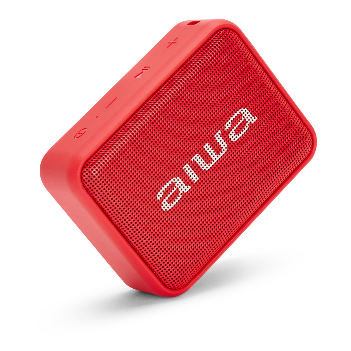 Czerwony głośnik kwadratowy z białym tekstem 'aiwa', na białym tle.