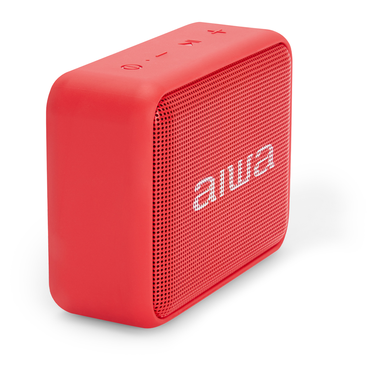 Czerwony głośnik przenośny z napisem 'aiwa'. Głośnik znajduje się na białej powierzchni.