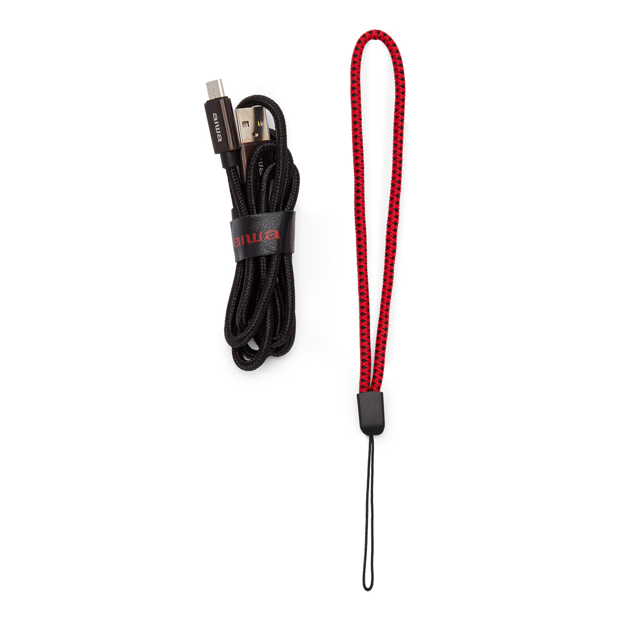 Czarny kabel USB i czerwony pasek na nadgarstek. Kabel ma końcówkę USB-A i micro USB.