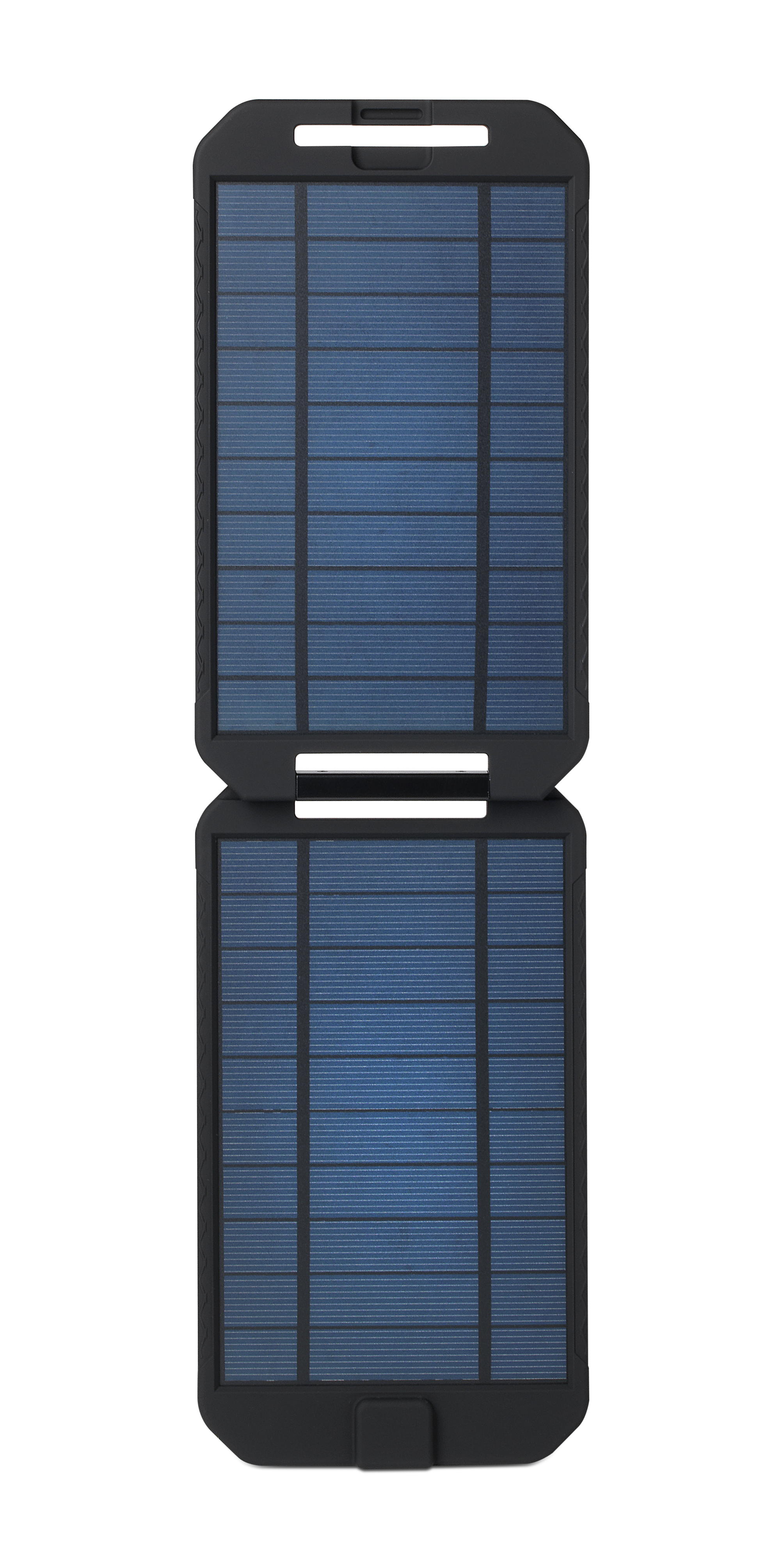 Ein schwarzes, faltbares Solarpanel-Gerät mit blauen Solarzellen, isoliert auf weißem Hintergrund.