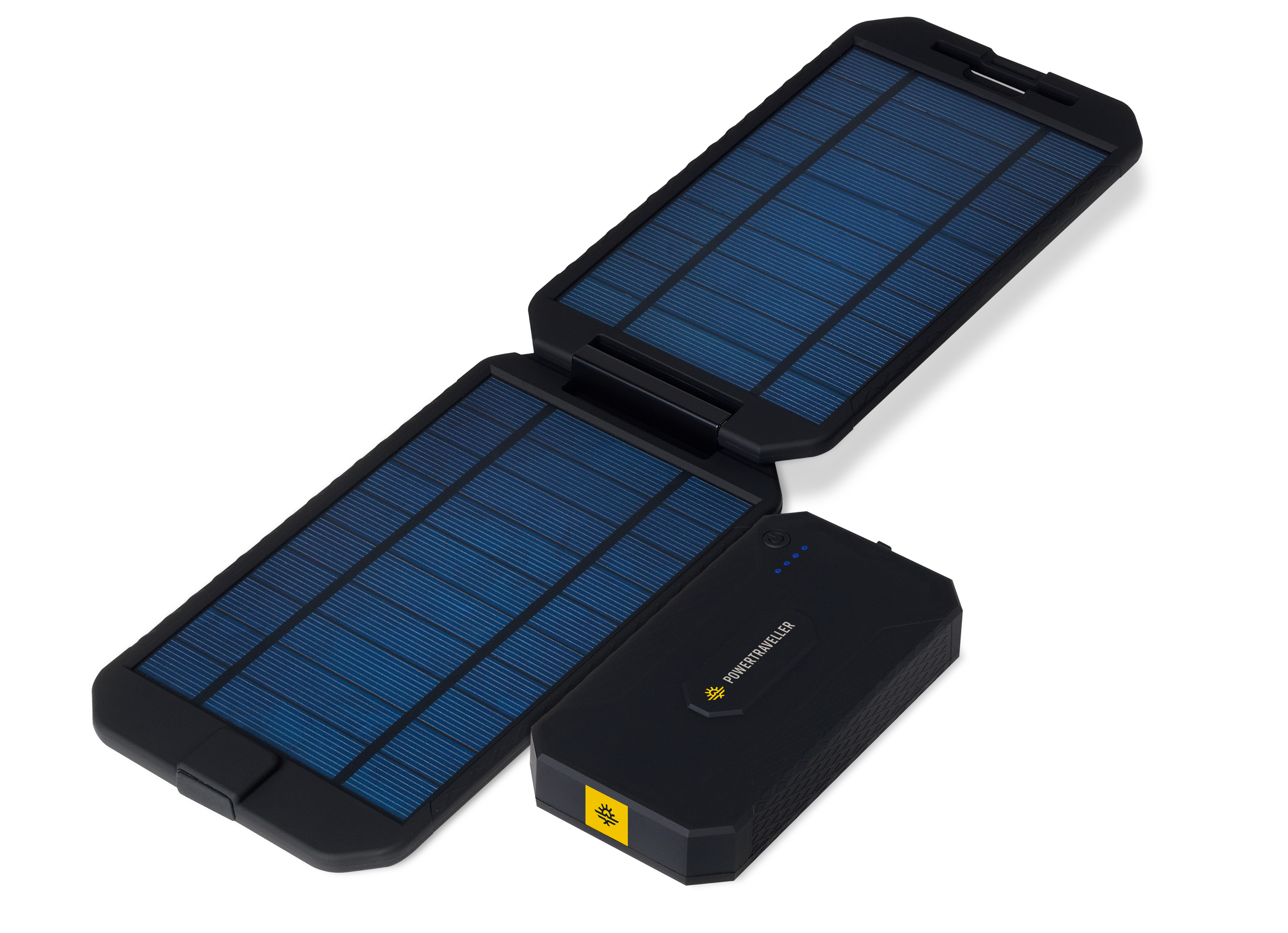 Schwarz-blaues Solarpanel-Gerät, aufgeklappt, mit schwarzem Powerbank-Gerät daneben auf weißer Oberfläche.