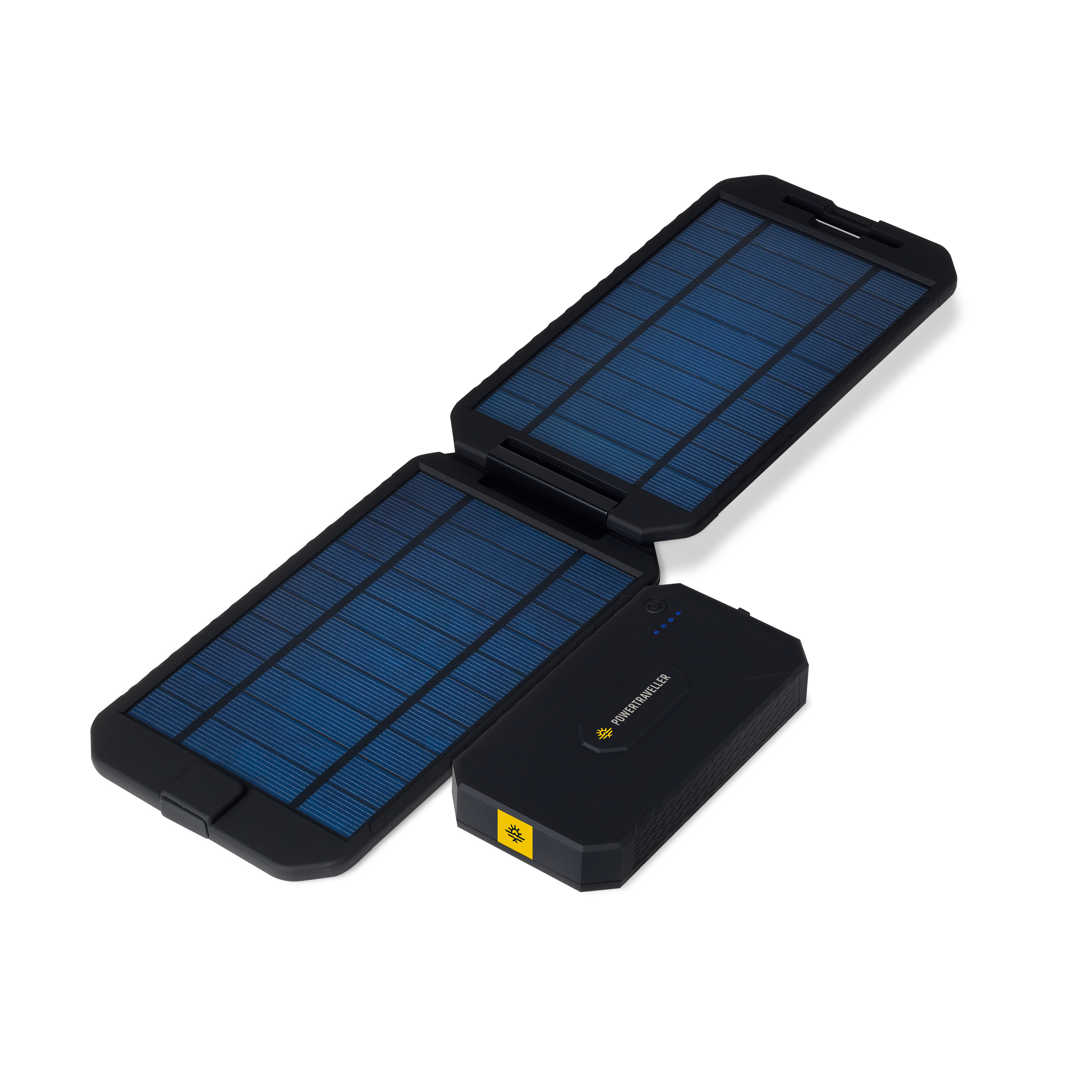 Schwarz-blaues Solarmodul, offen. Eine schwarze, gebrandete Powerbank liegt daneben.