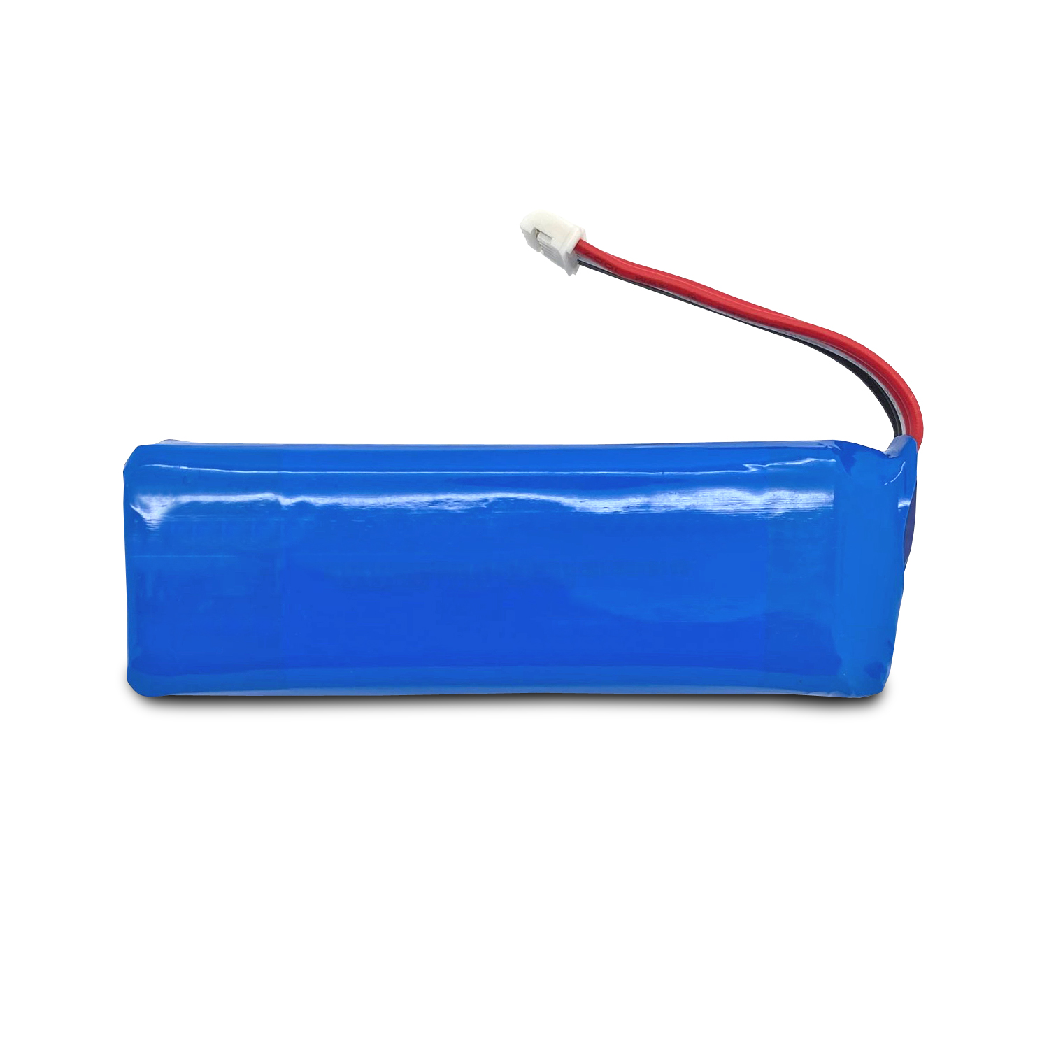 Ein blauer rechteckiger Akku mit roten und schwarzen Drähten.