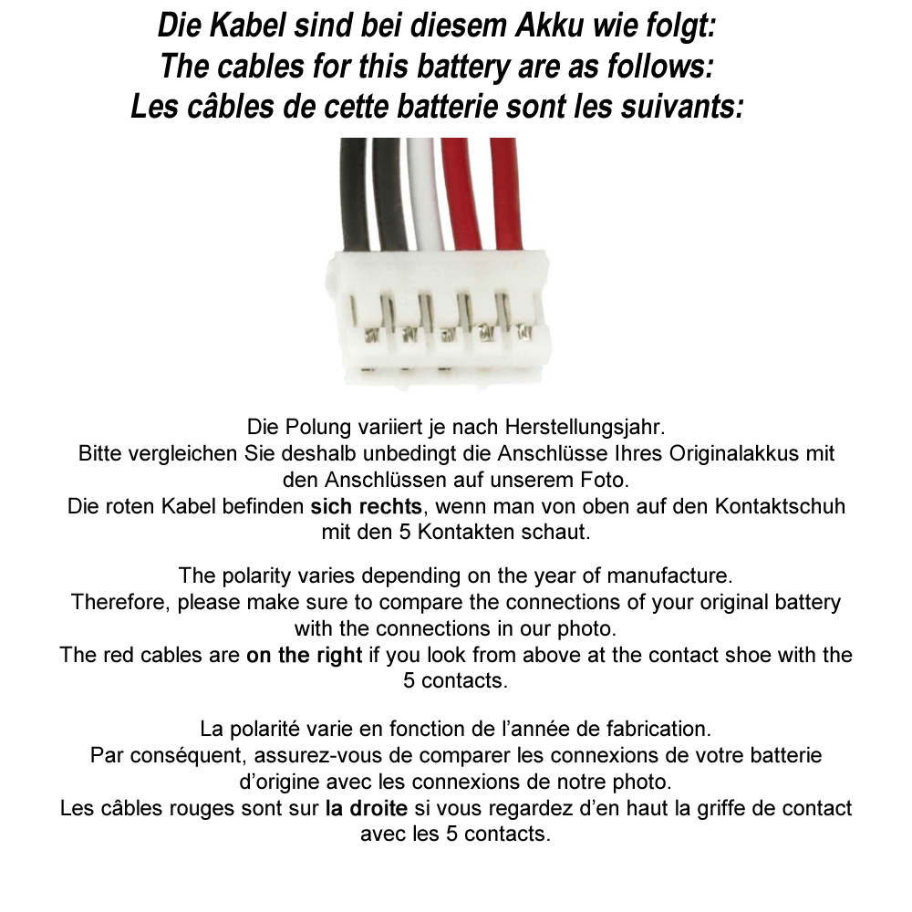 Nahaufnahme eines Batteriesteckers mit Kabeln. Weiße, schwarze, rote Drähte sichtbar.