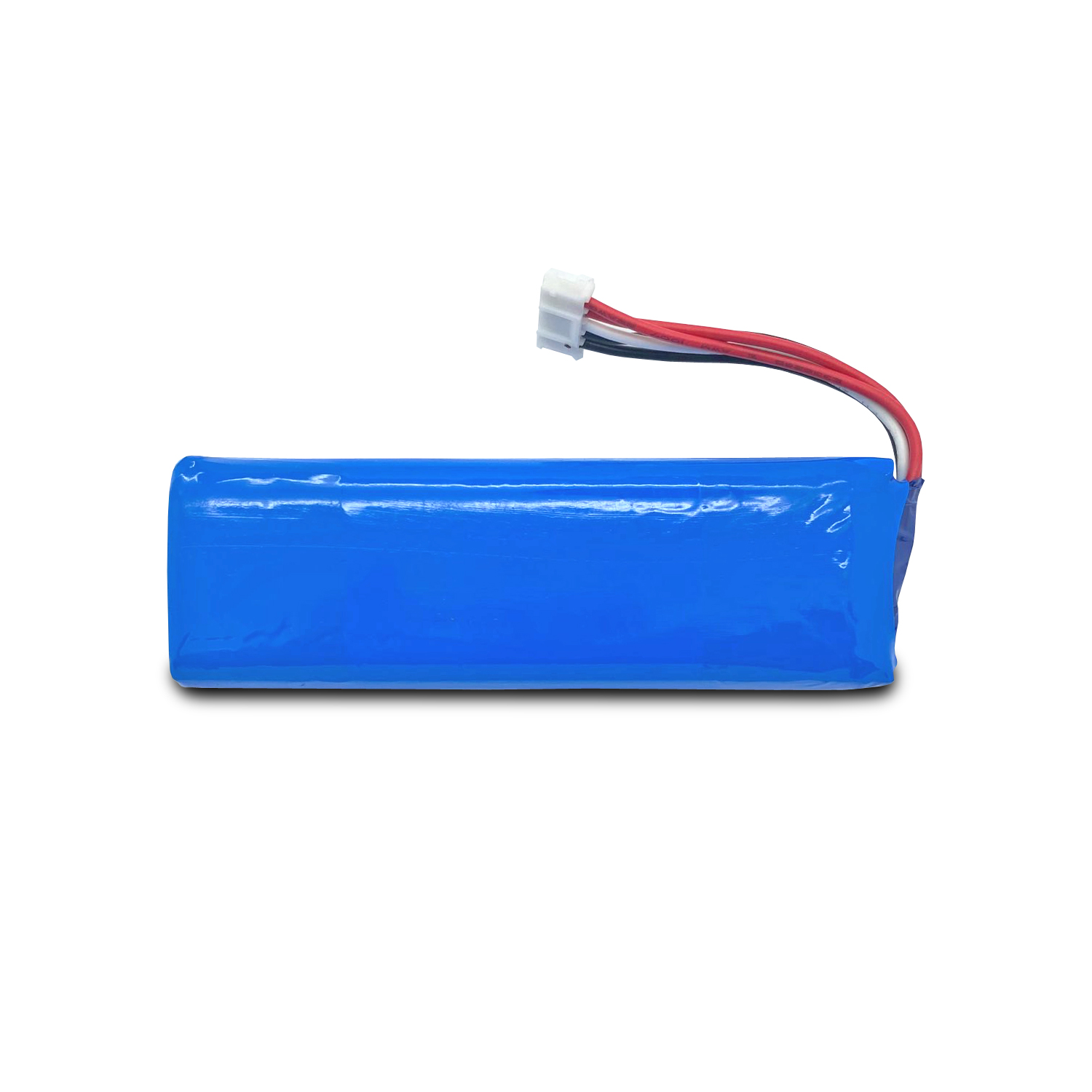 Eine blaue Batterie mit herausragenden Drähten, isoliert auf weißem Hintergrund.