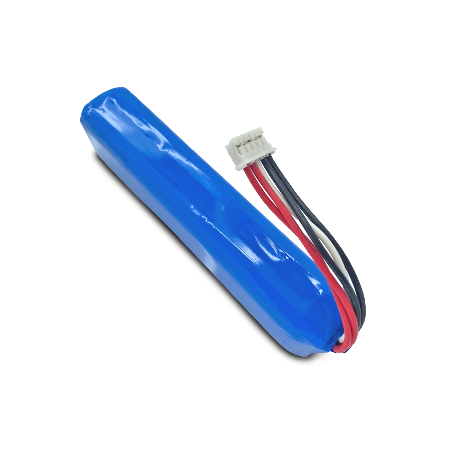 Blaue zylindrische Batterie mit Anschlussdrähten. Die Drähte sind rot, schwarz und weiß.