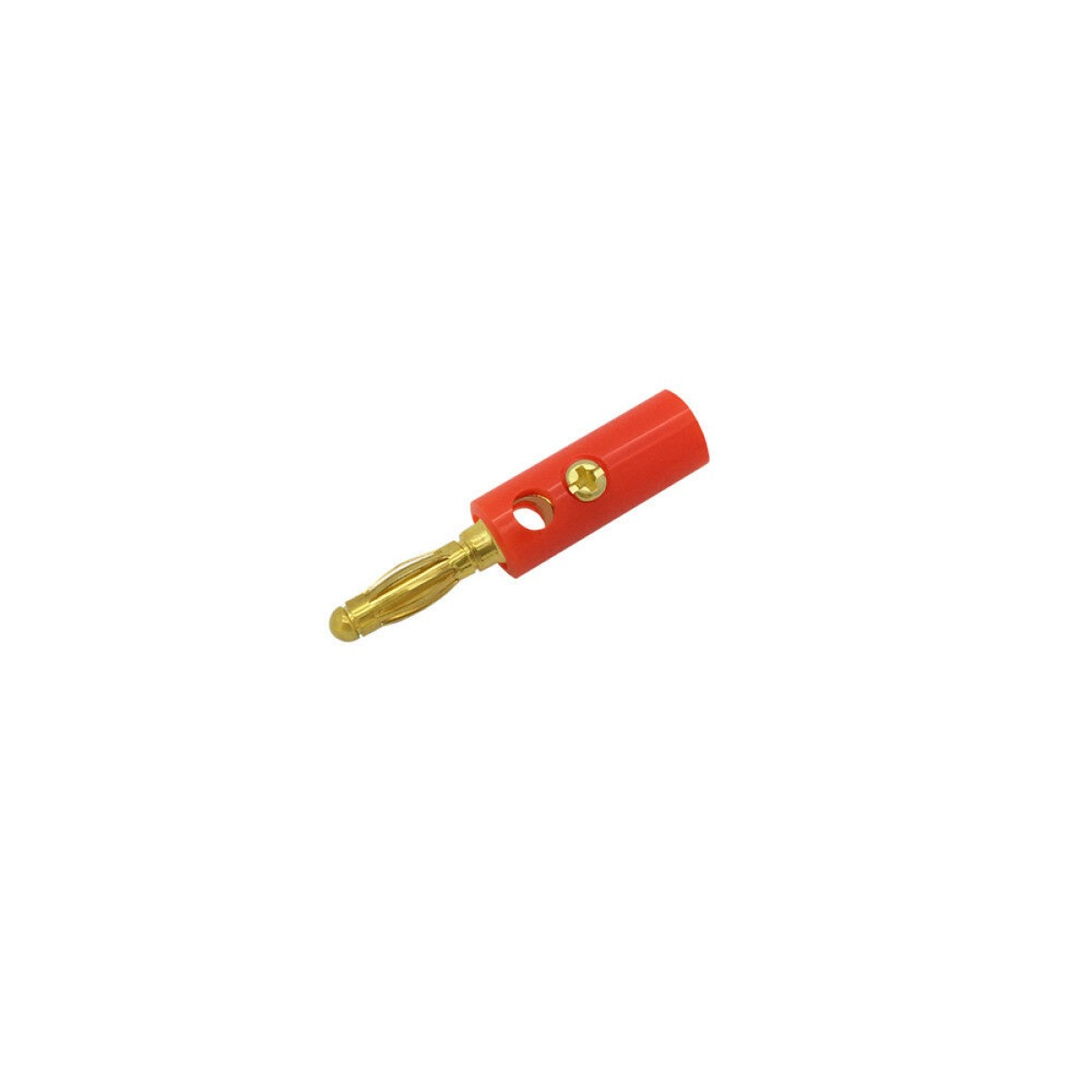 Roter und goldener Bananenstecker mit Goldkontakt und rotem Kunststoffgehäuse.