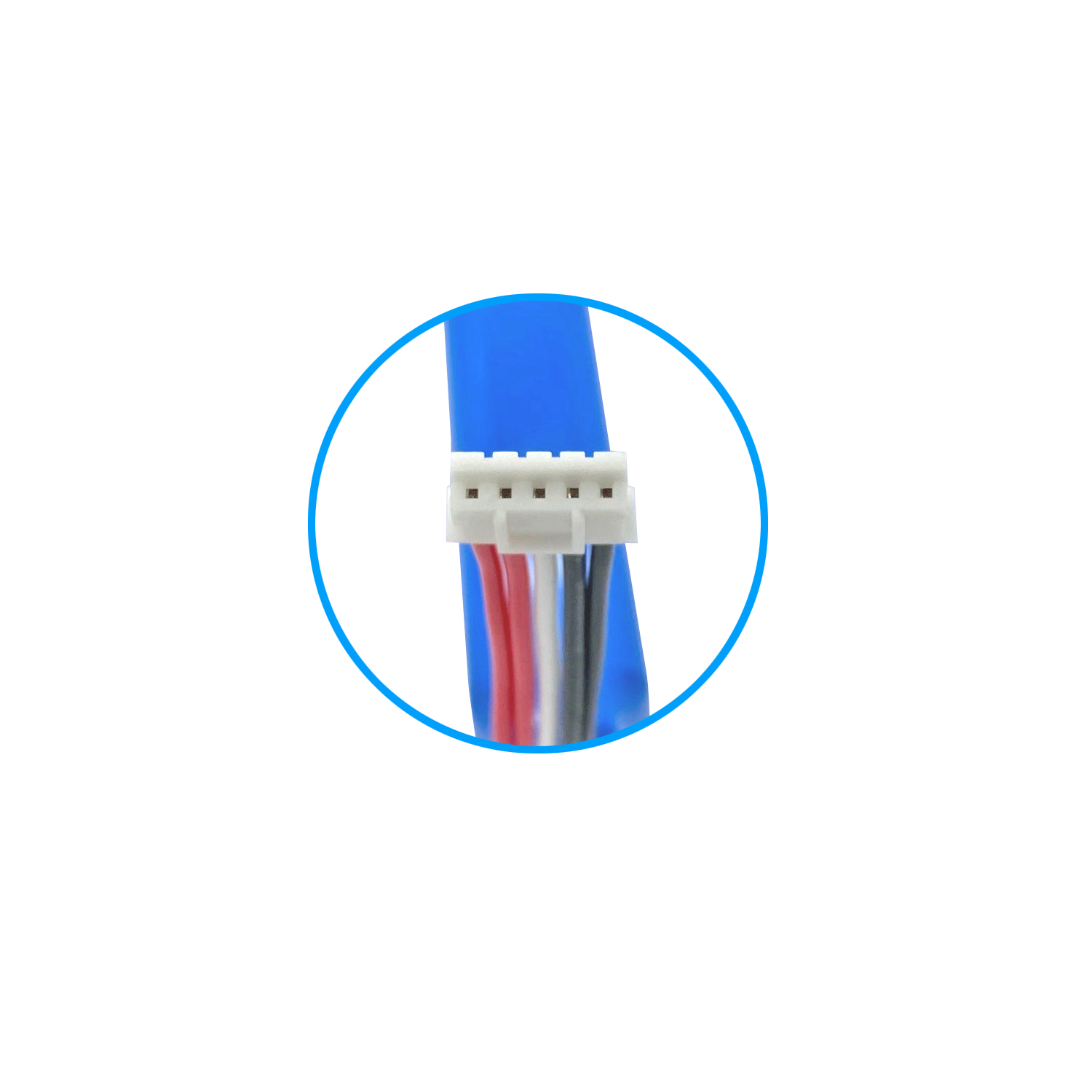 Ein weißer Stecker mit mehreren unterschiedlich farbigen Drähten an einem blauen Kabel.