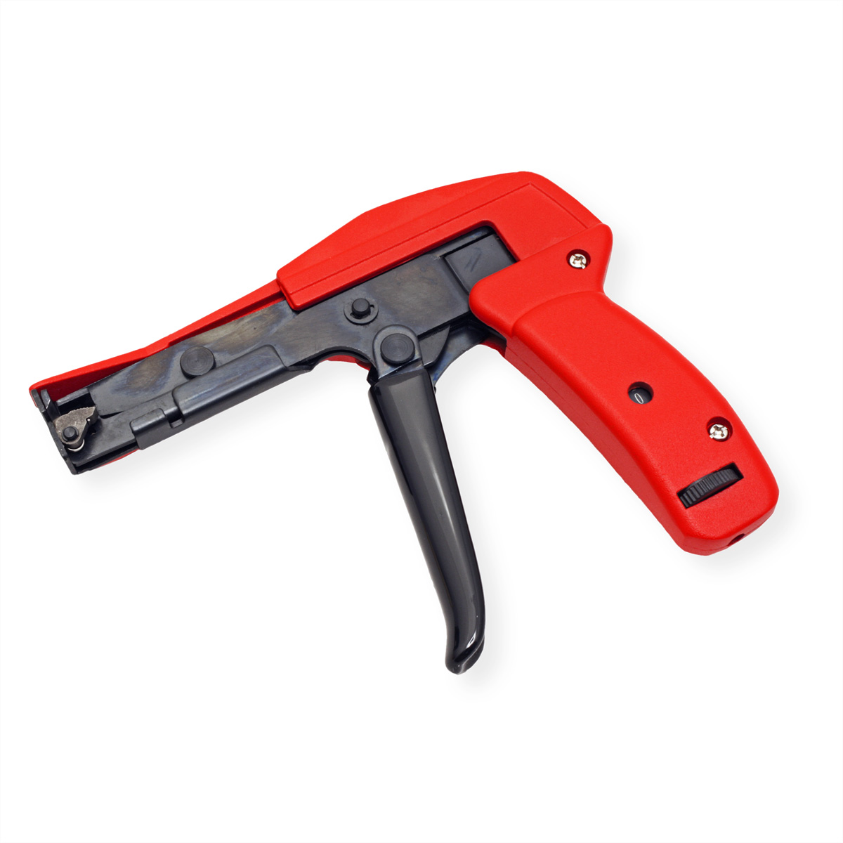 Een rood-zwarte kabelbindertool. Het heeft een rode handgreep en een zwart mechanisme op een witte achtergrond.
