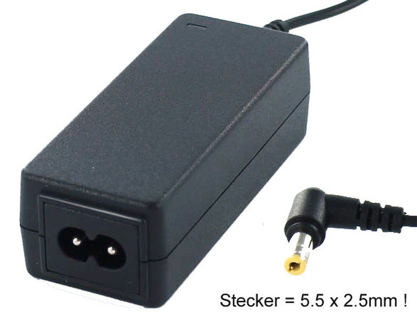 Schwarzes Laptop-Ladegerät mit Netzstecker und einem Stecker mit der Bezeichnung 5,5 x 2,5 mm.