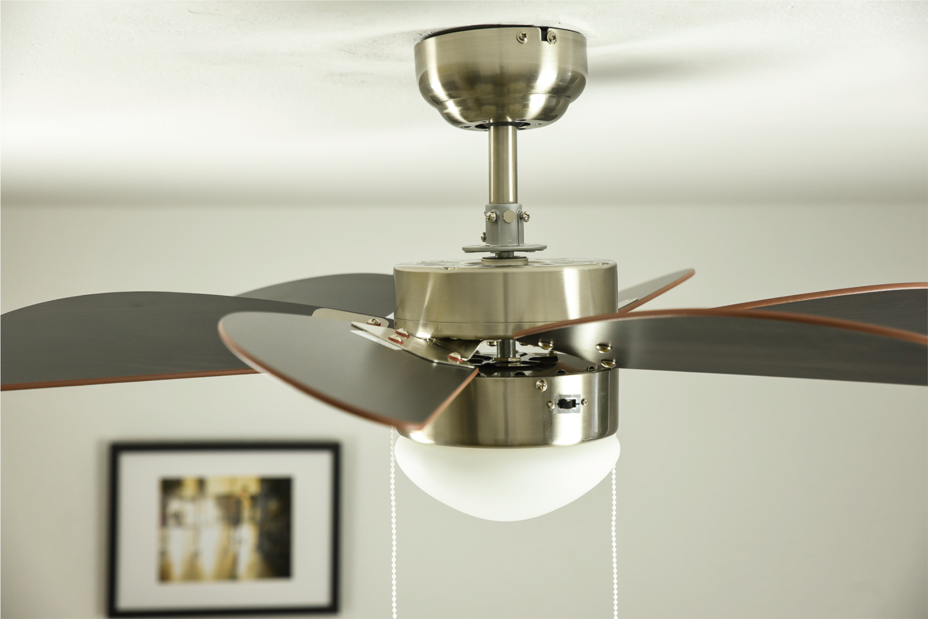 Ein Deckenventilator mit dunklen Flügeln und einer Leuchte hängt von einer weißen Decke. Im Hintergrund befindet sich ein gerahmtes Bild.