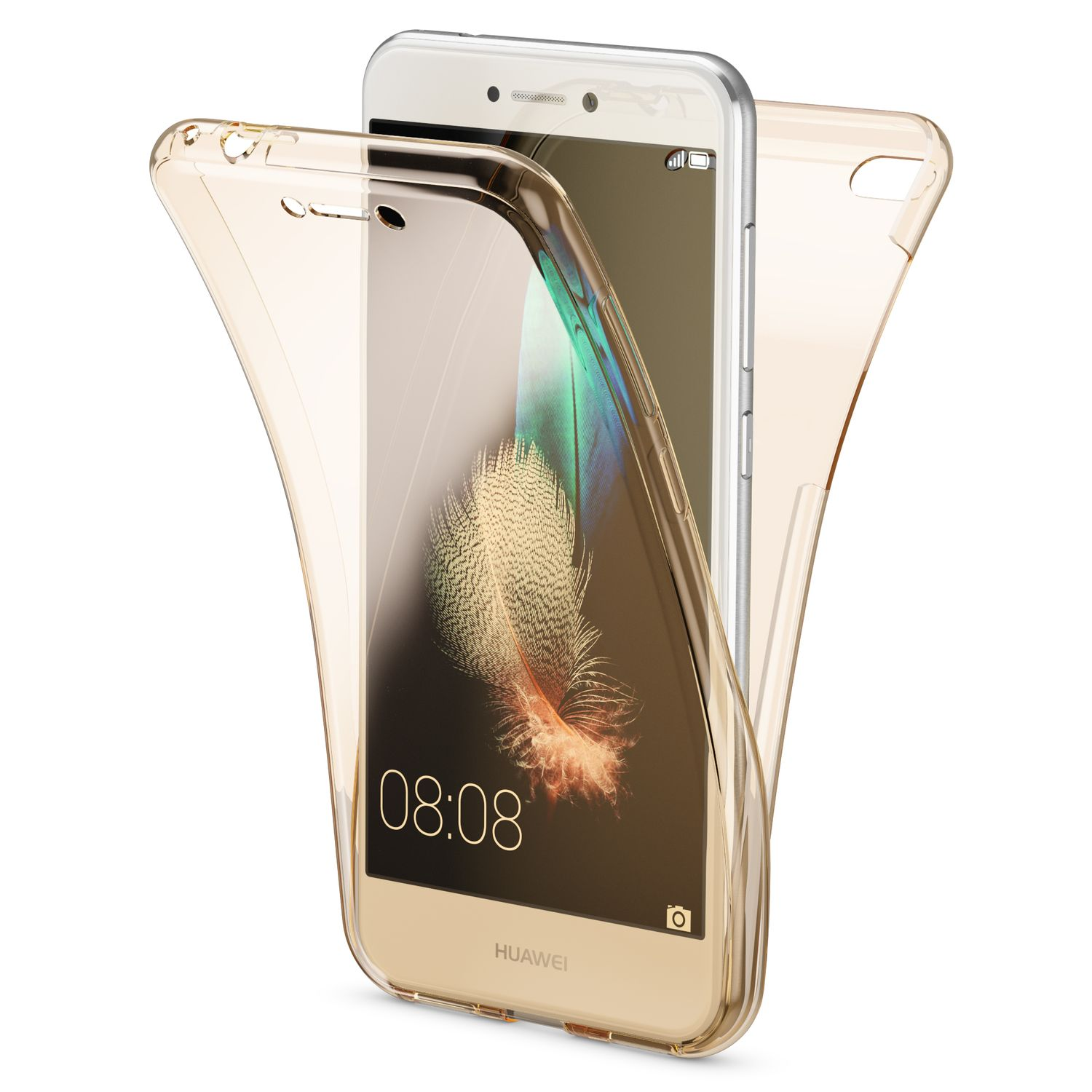 Goldenes Telefon mit Bildschirm mit 08:08, in klarer Hülle, mit klarer Rückseite.