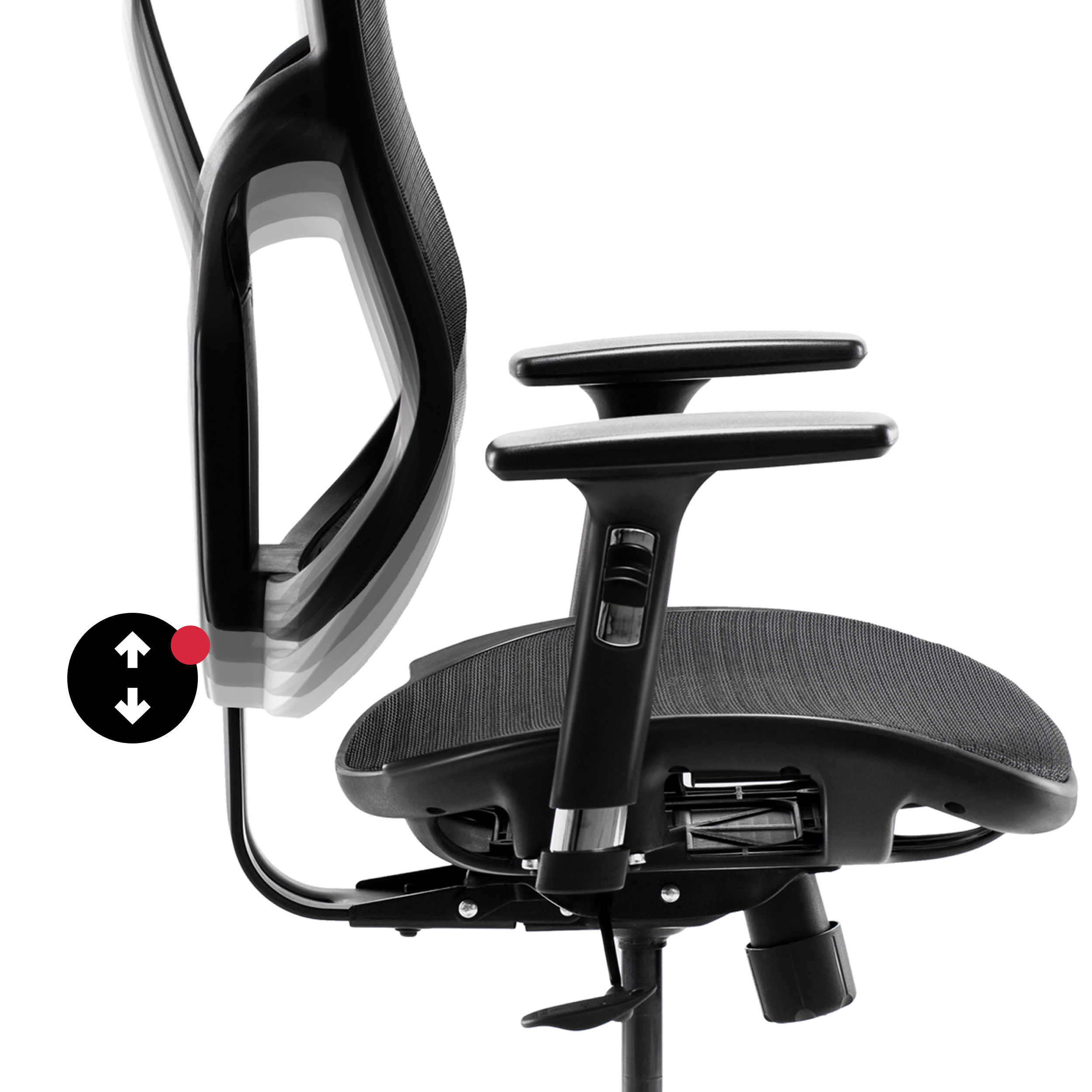 Schwarzer Bürostuhl mit verstellbaren Armlehnen und Rückenlehne. Nahaufnahme.