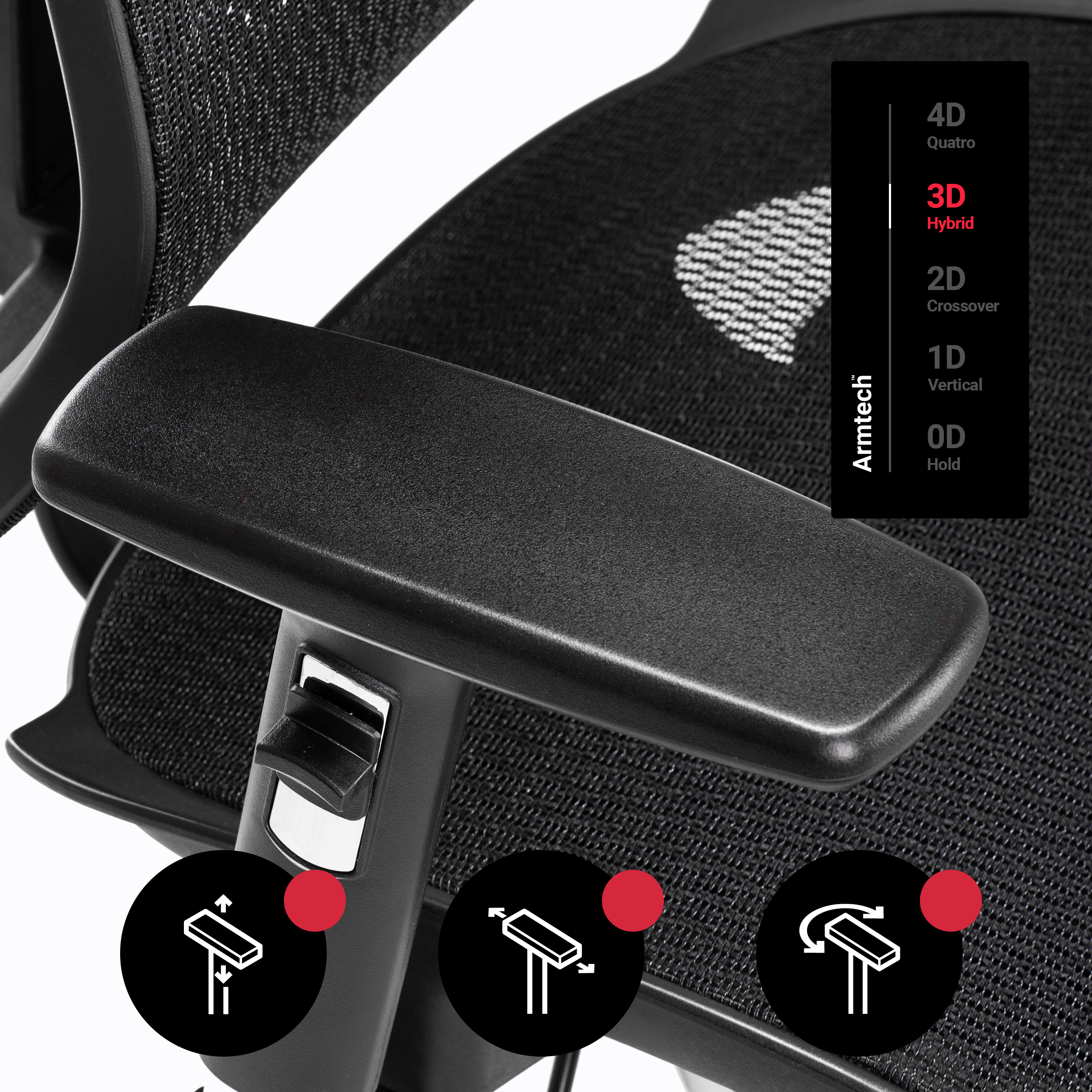 Podłokietnik krzesła biurowego, czarny, ze schematami regulacji. Szare i czarne krzesło.