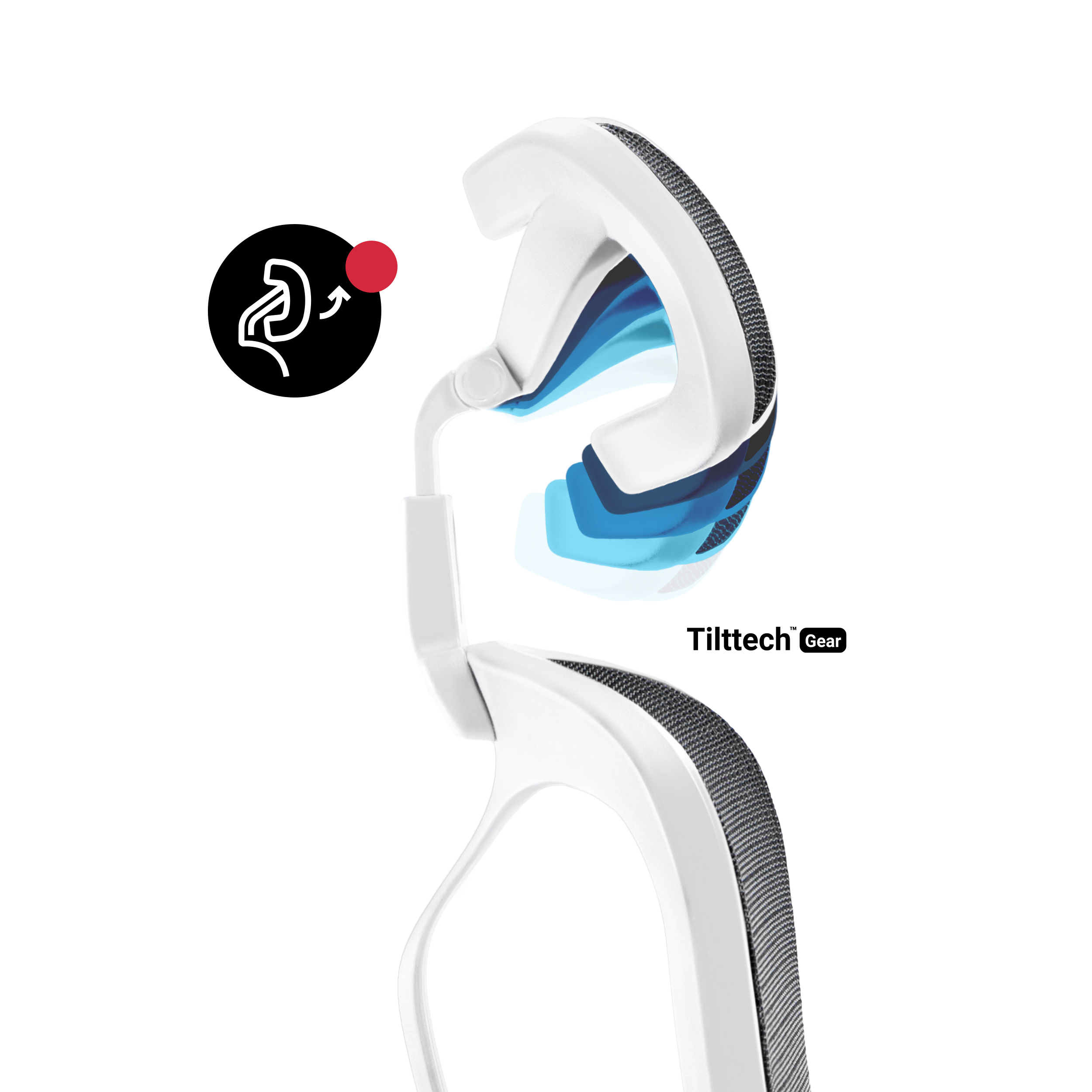 Szczegół białego i szarego krzesła ergonomicznego z odchylanym zagłówkiem i ikoną. Widoczny jest tekst 'Tilttech Gear'.