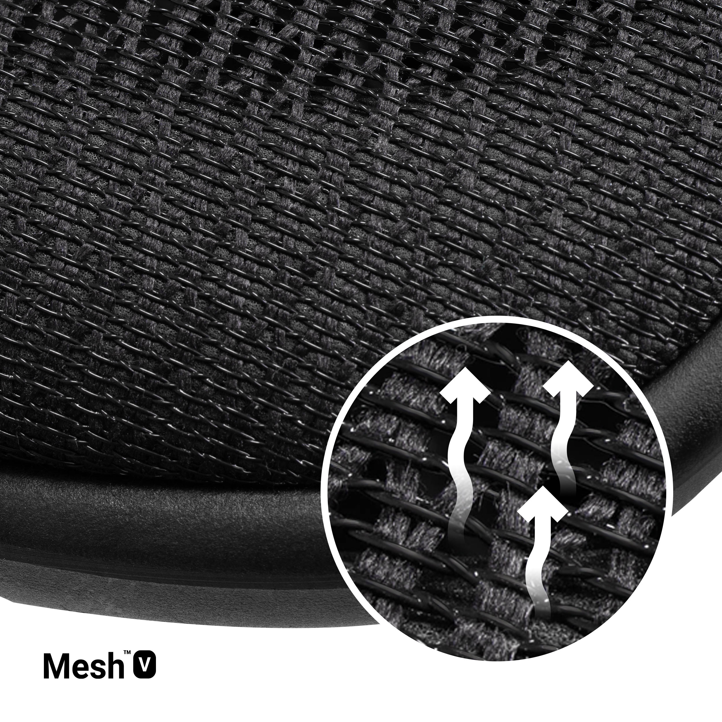 Nahaufnahme von schwarzem Mesh-Material mit weißen Pfeilen, die den Luftstrom anzeigen.