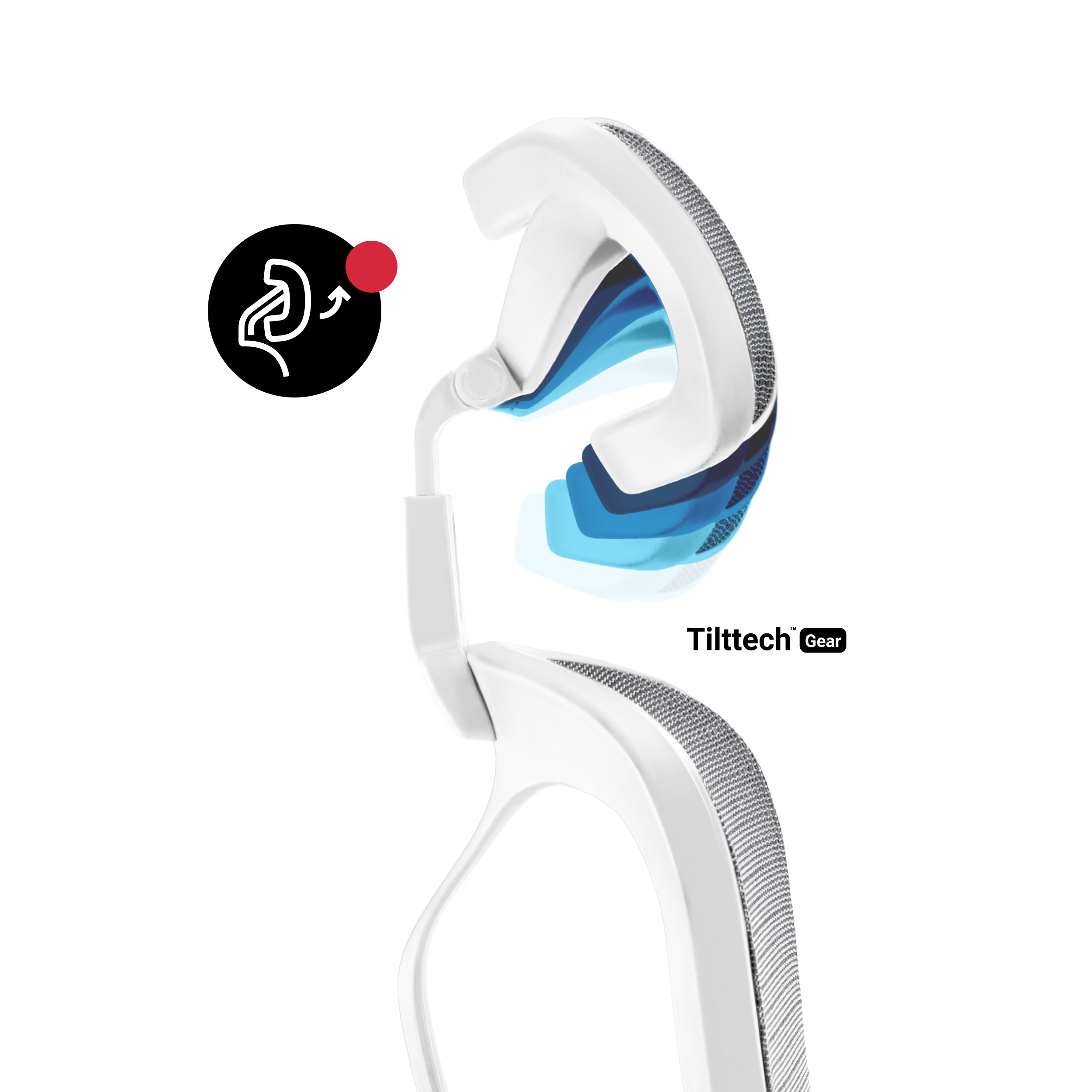 Białe oparcie krzesła z niebieskimi paskami i tekstem "Tilttech Gear" na białym tle.