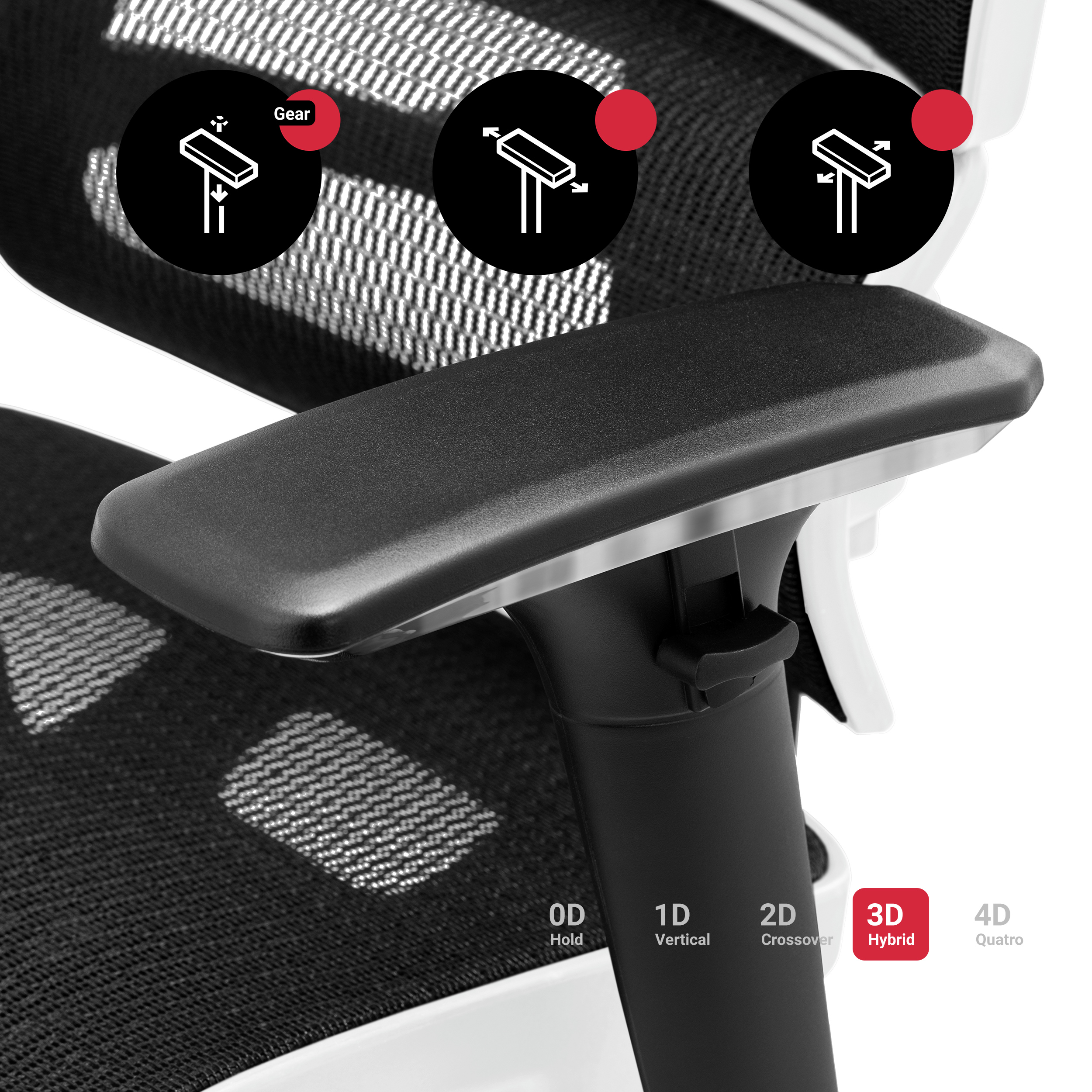 Zbliżenie podłokietnika krzesła, z trzema schematami opcji regulacji.